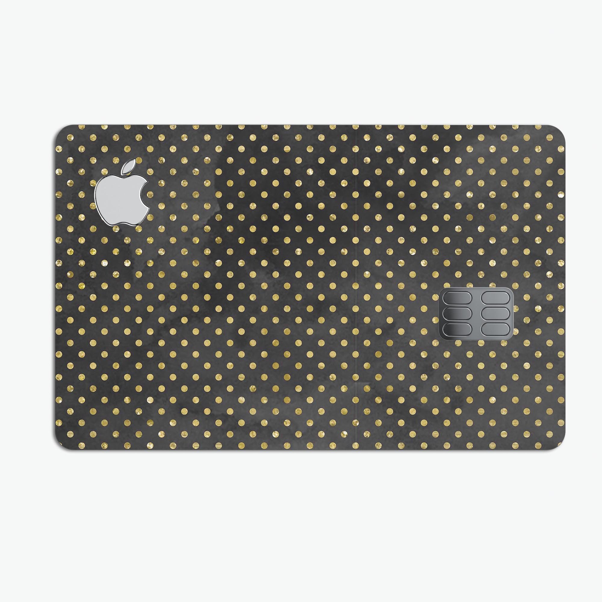 Black and Gold Watercolor Polka Dots V2 decal on an Apple Card, showcasing its stylish design and premium quality.