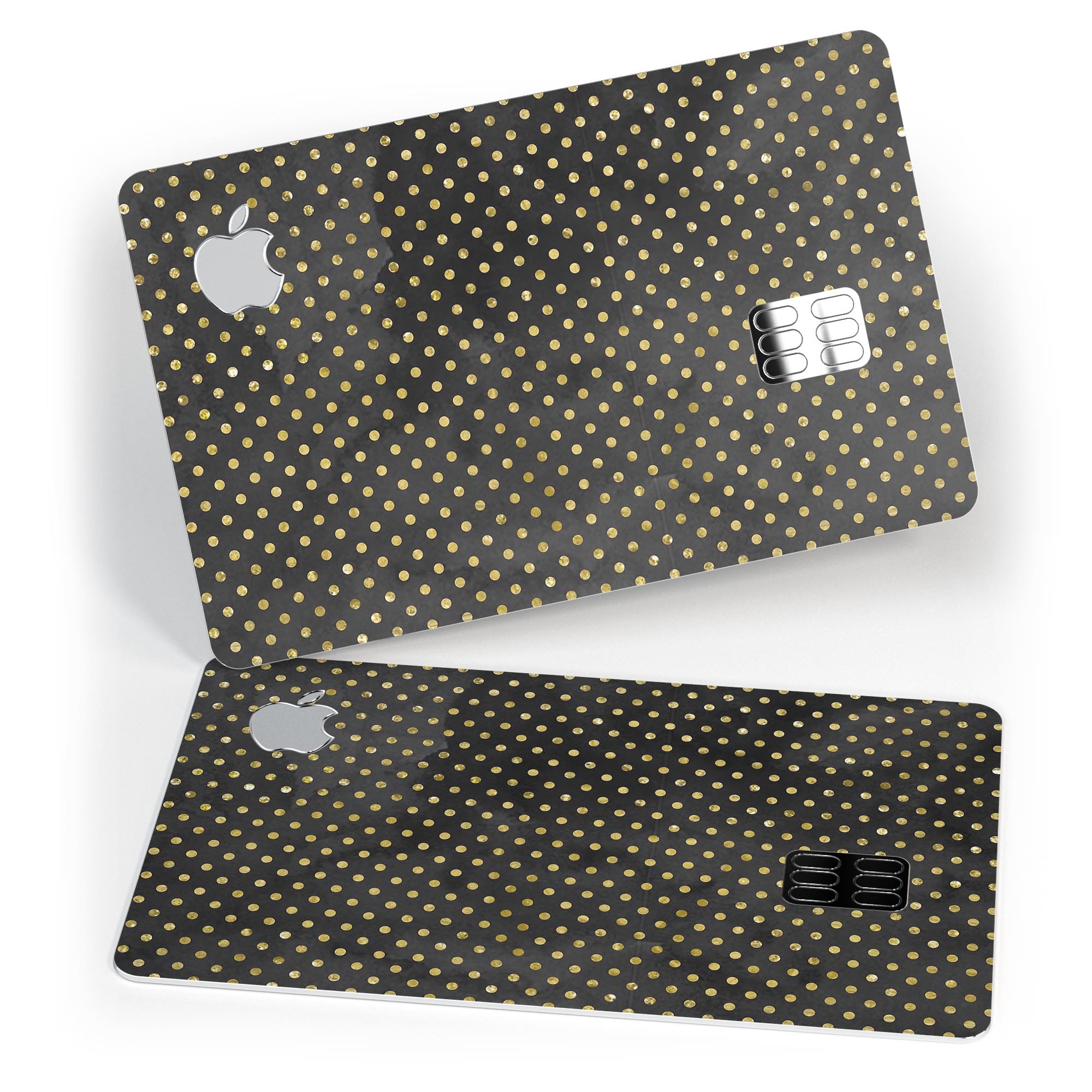 Black and Gold Watercolor Polka Dots V2 decal on an Apple Card, showcasing its stylish design and premium quality.