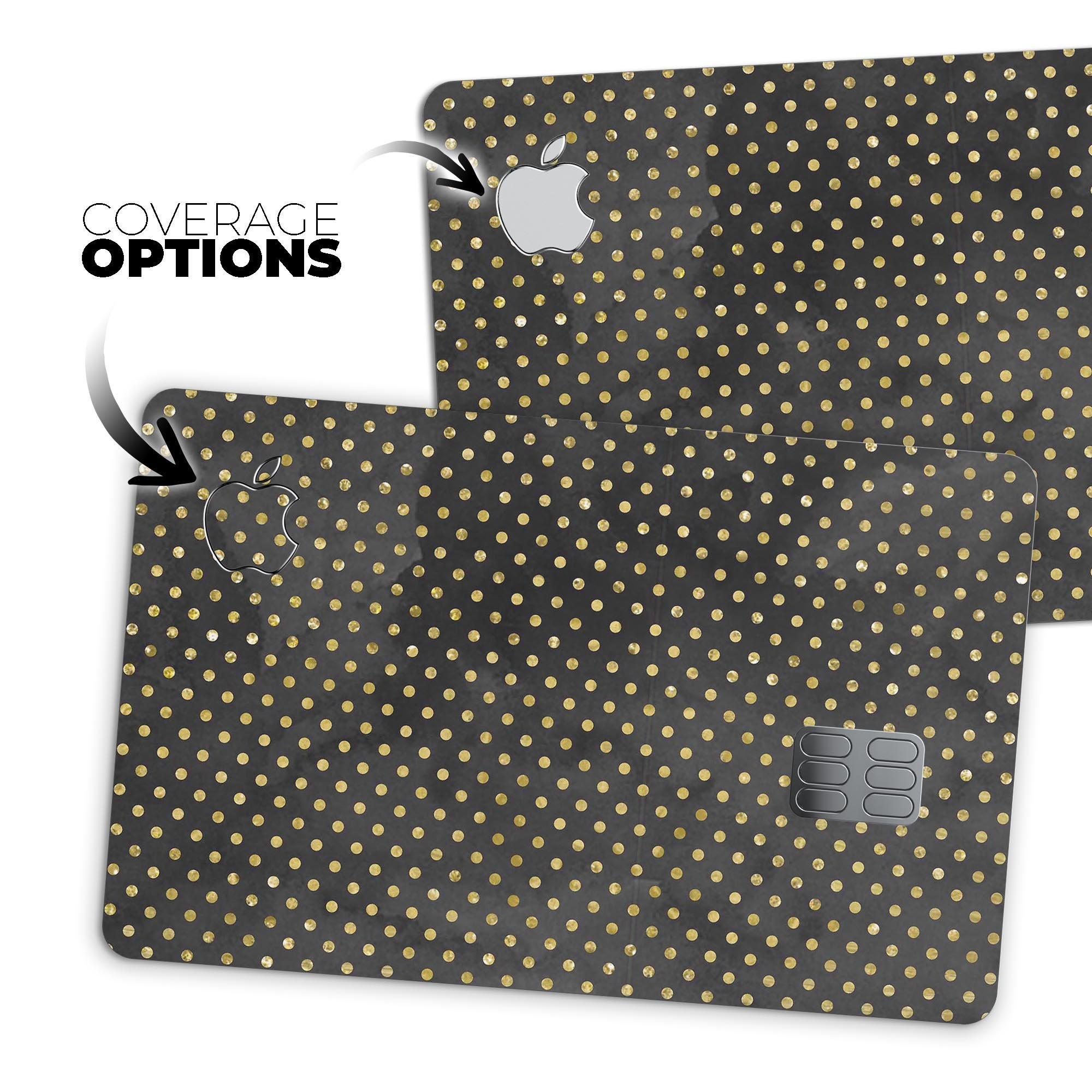 Black and Gold Watercolor Polka Dots V2 decal on an Apple Card, showcasing its stylish design and premium quality.