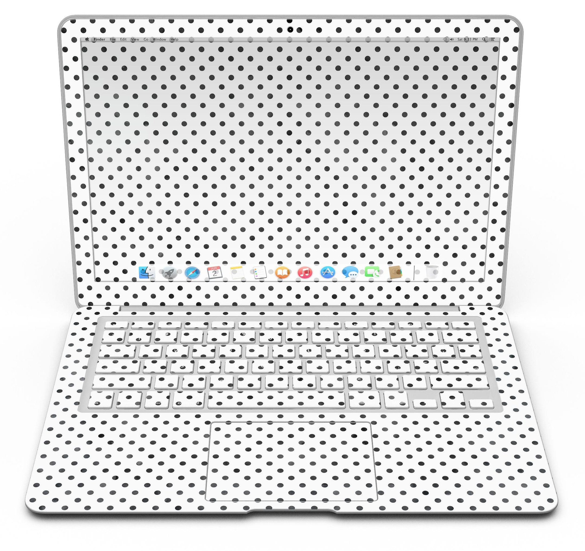 Black and gray fade polka dots skin kit for MacBook Air, showcasing a stylish design that protects the device from scratches.