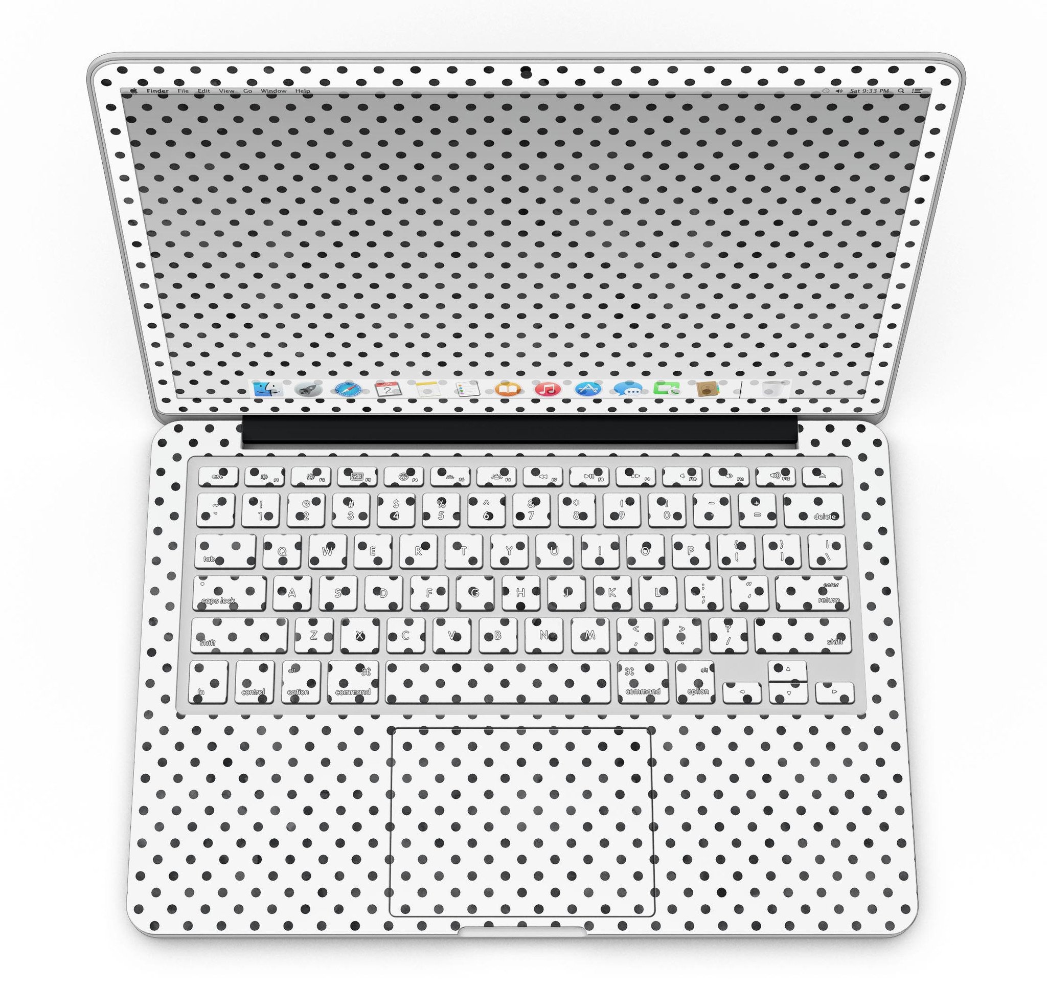 Black and gray fade polka dots skin for MacBook Pro with Retina Display, showcasing a stylish design that protects the device.