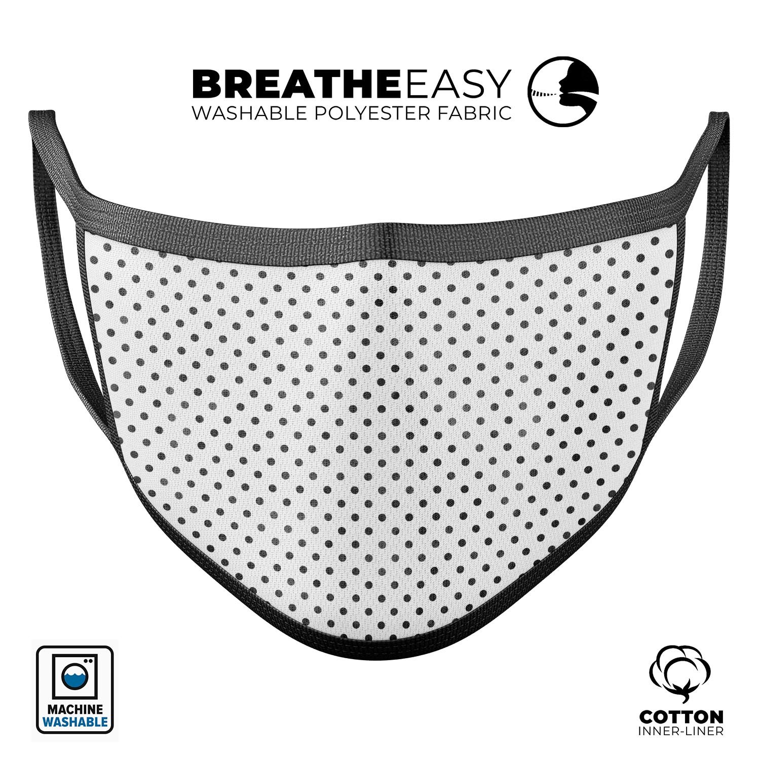 Black and gray fade polka dots reusable mouth cover, made in the USA, featuring adjustable ear loops and soft cotton interior.