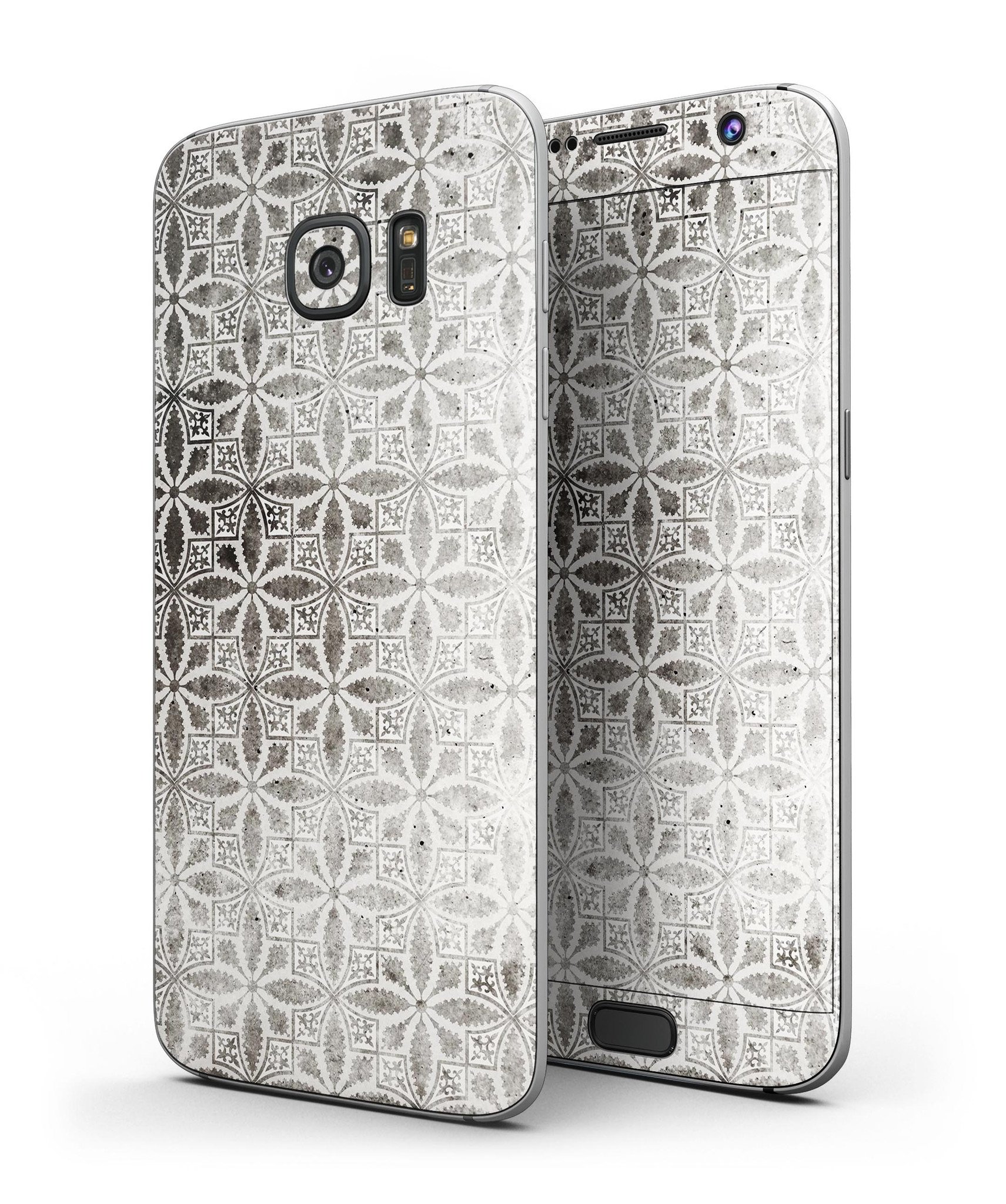 Black and gray floral cross pattern skin kit for Samsung Galaxy S7 and S7 Edge, showcasing full-body coverage and stylish design.