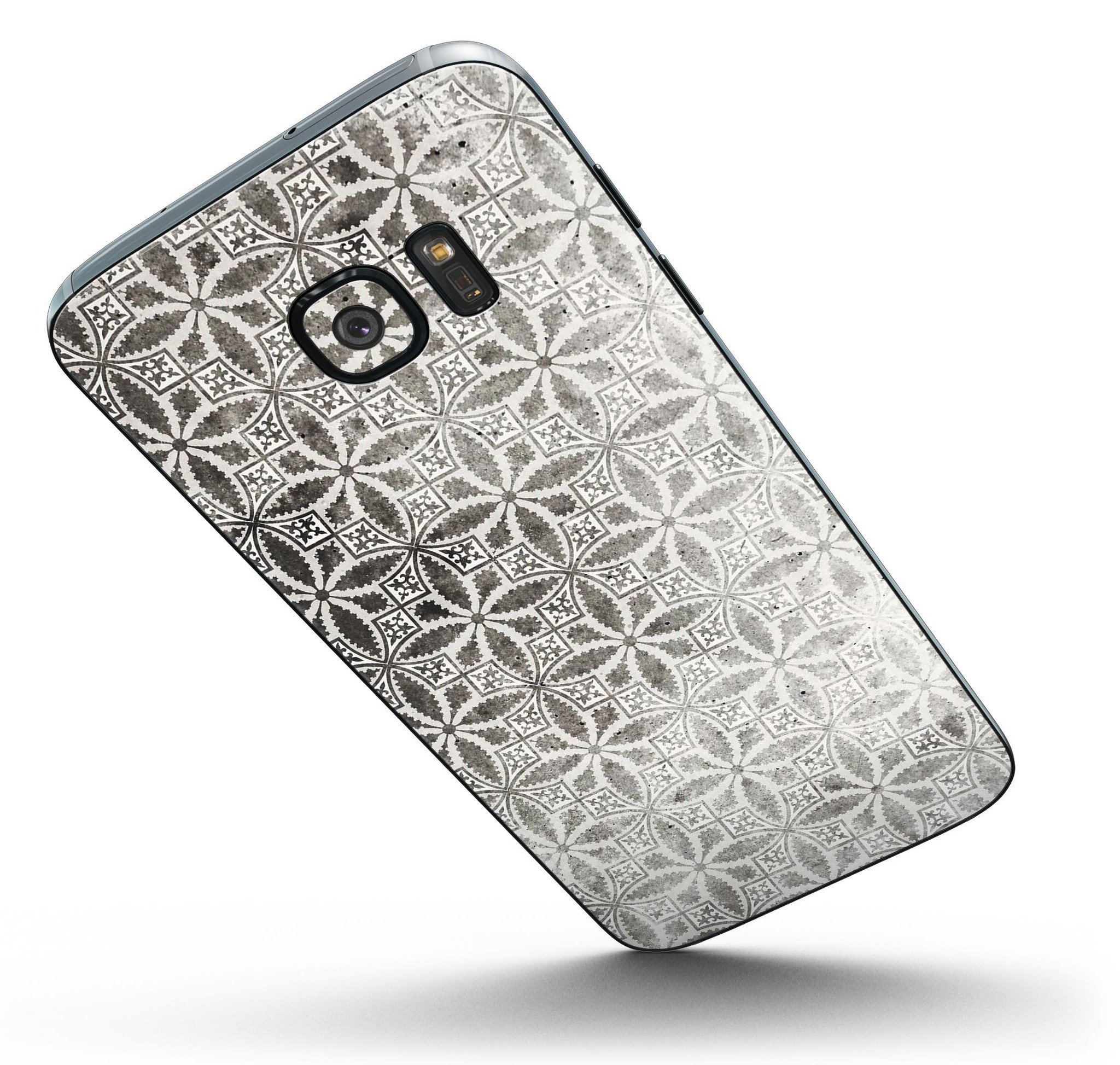 Black and gray floral cross pattern skin kit for Samsung Galaxy S7 and S7 Edge, showcasing full-body coverage and stylish design.