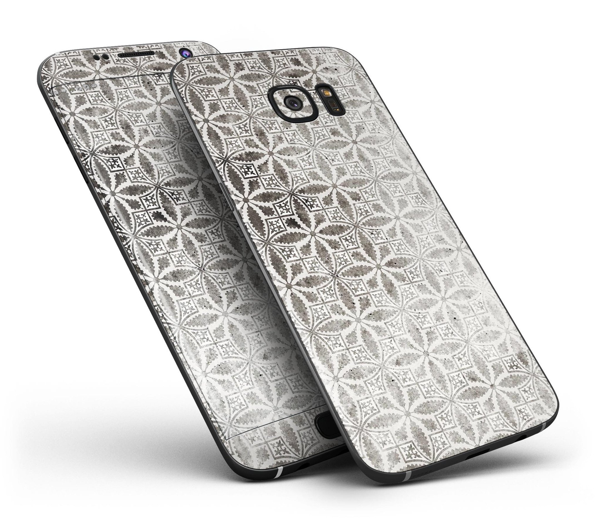 Black and gray floral cross pattern skin kit for Samsung Galaxy S7 and S7 Edge, showcasing full-body coverage and stylish design.