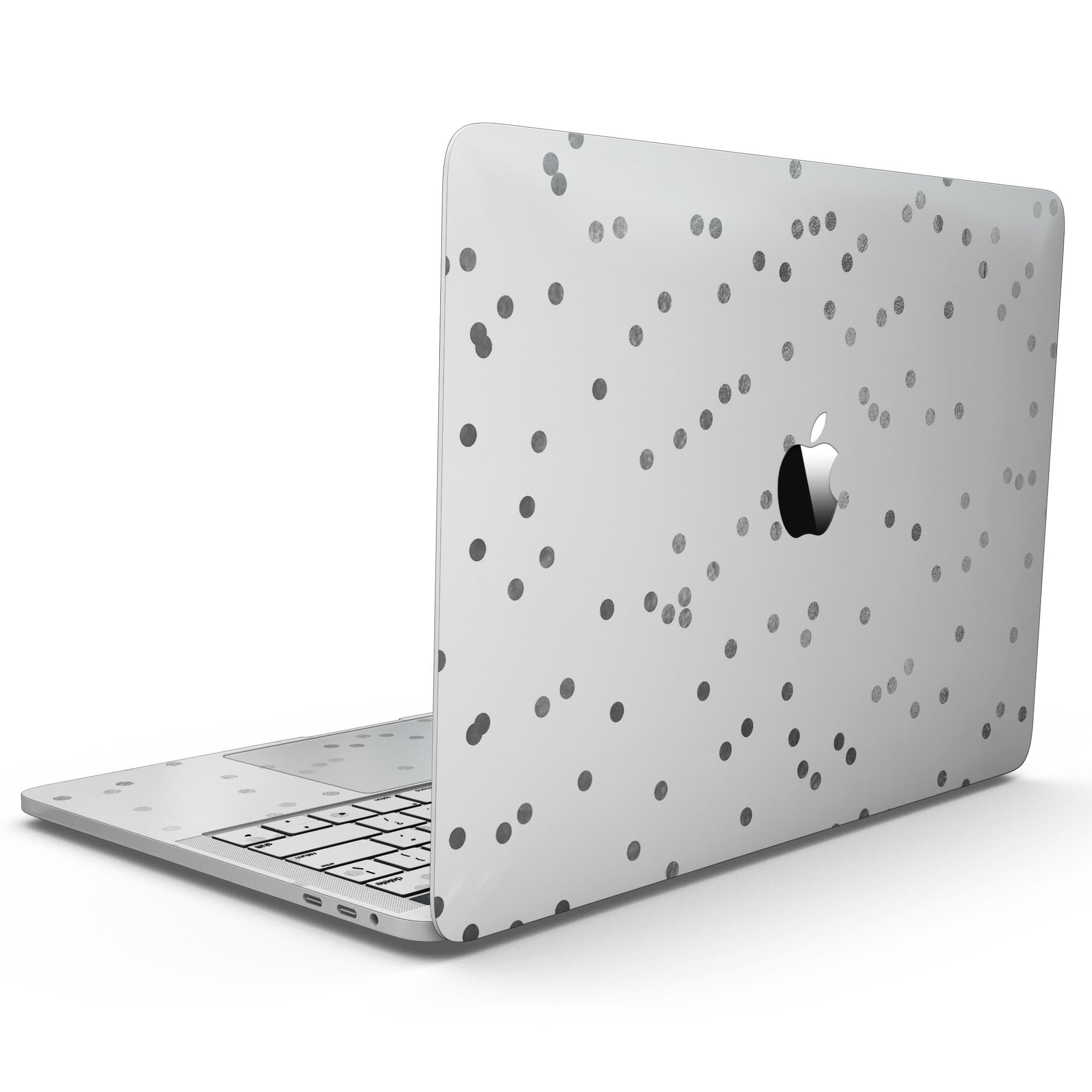 Black and gray scattered polka dots skin for MacBook Pro with Touch Bar, showcasing a stylish design that protects the device.