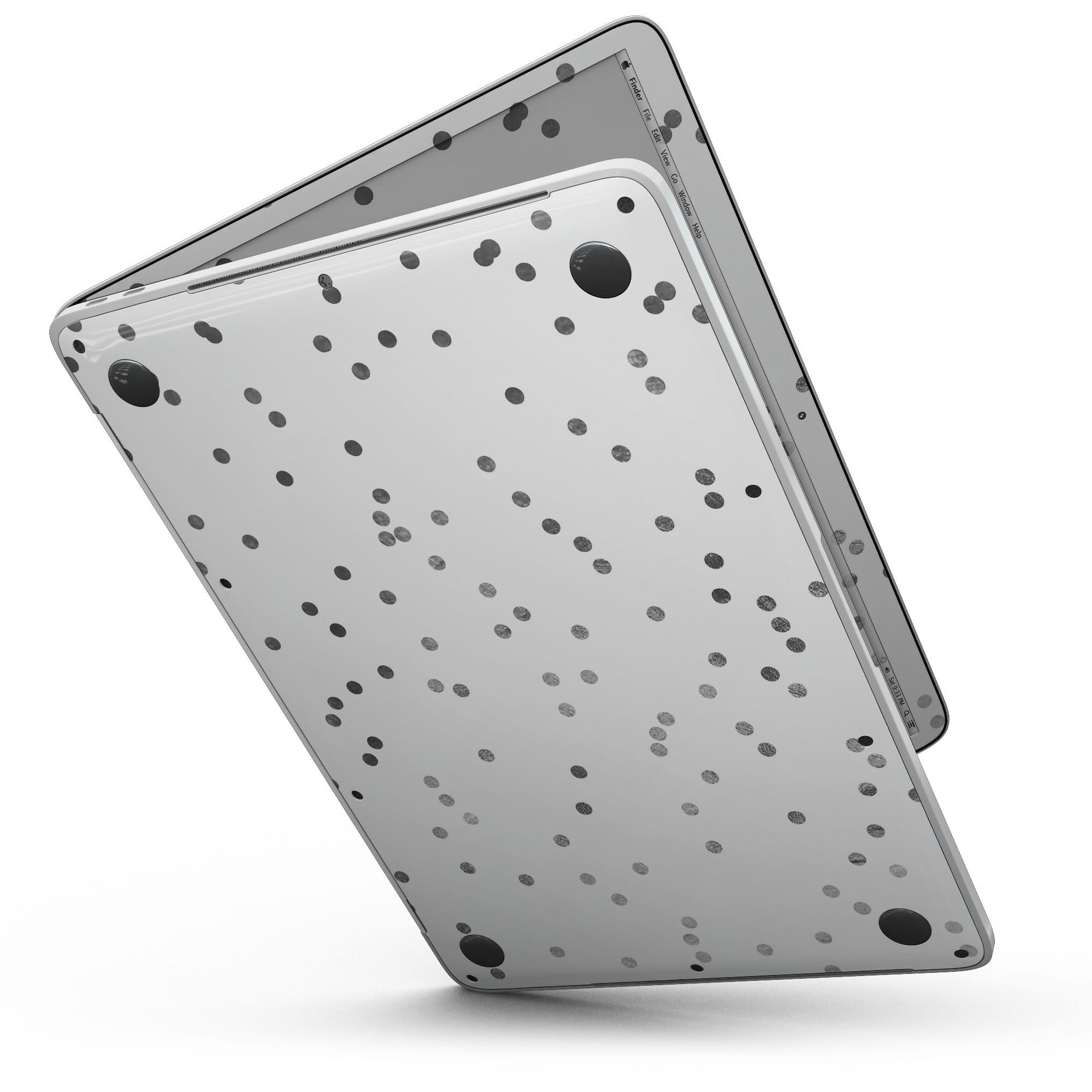 Black and gray scattered polka dots skin for MacBook Pro with Touch Bar, showcasing a stylish design that protects the device.