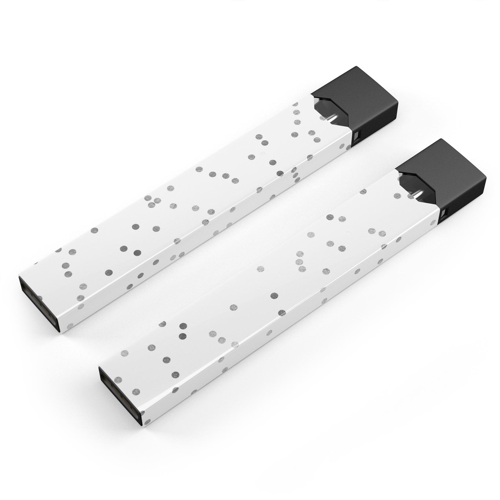 Black and gray scattered polka dots decal skin for JUUL vaping device, showcasing its stylish design and protective features.