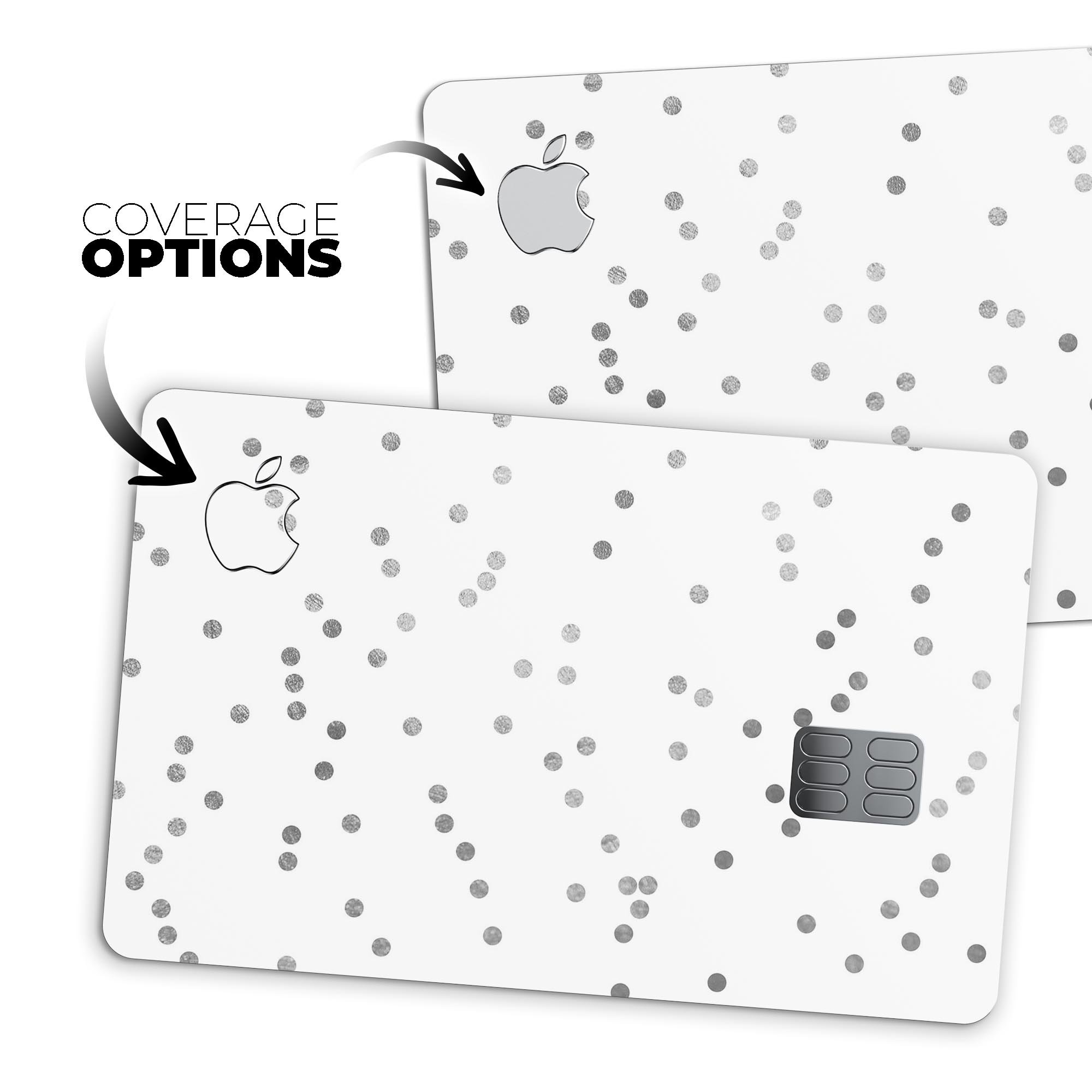 Black and gray scattered polka dots protective decal for Apple Card, showcasing a stylish design that enhances card protection.