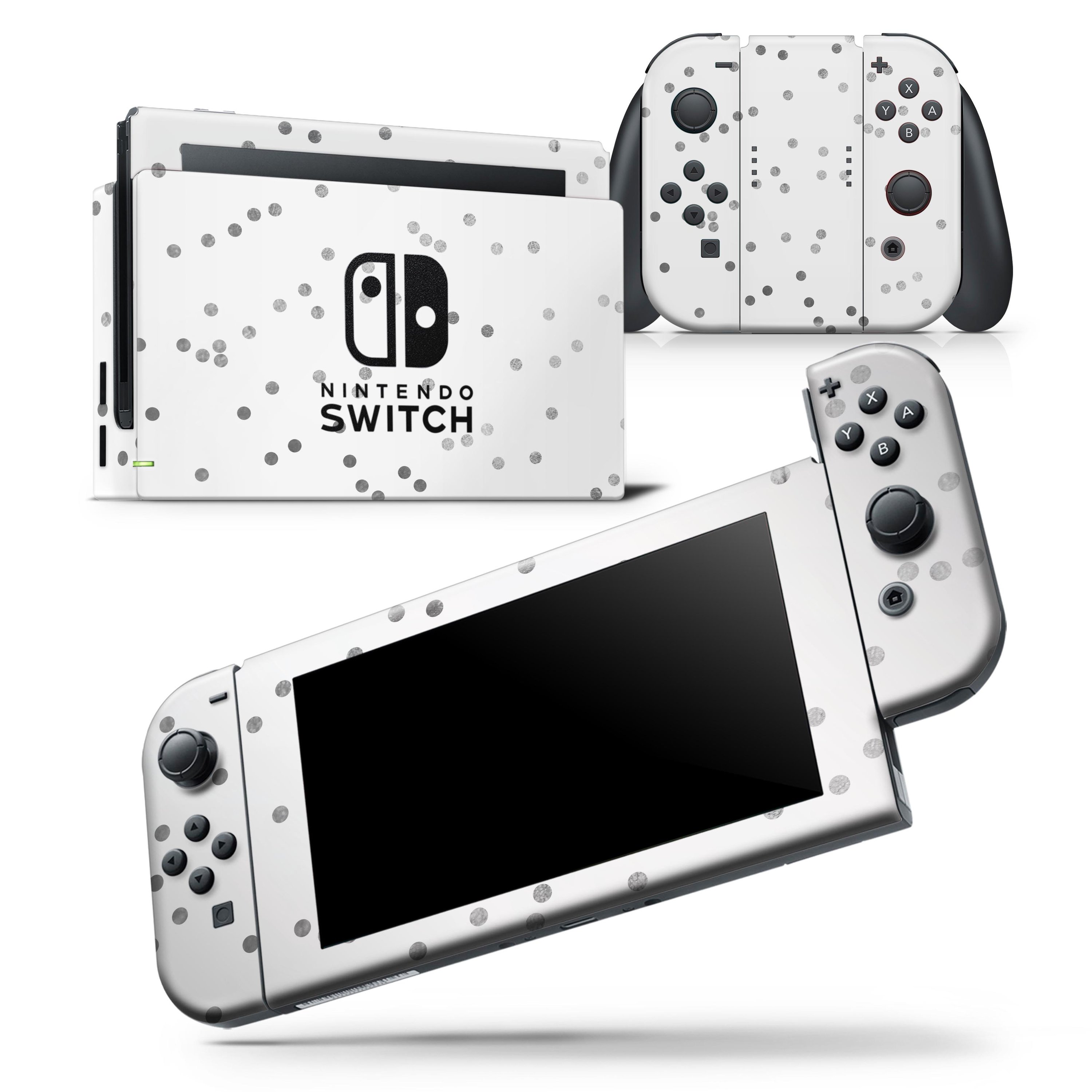 Black and gray scattered polka dots skin wrap decal for Nintendo Switch, showcasing a stylish design that fits snugly on the console and controllers.