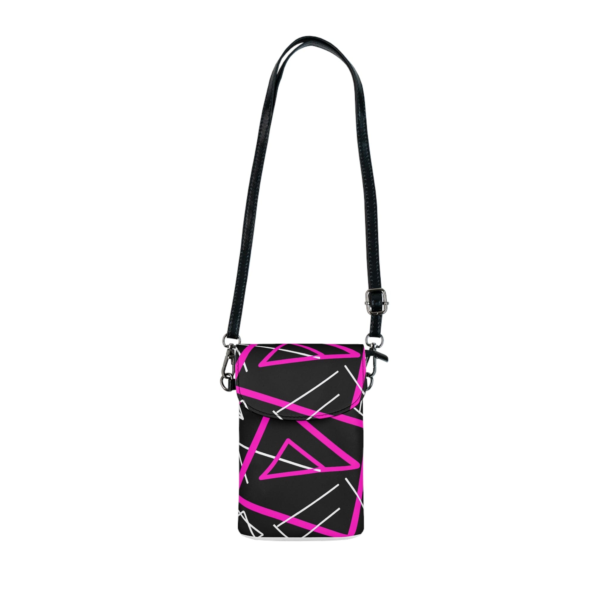 Black and pink geometric pattern crossbody cell phone wallet purse with adjustable strap and compartments for phone and cards.