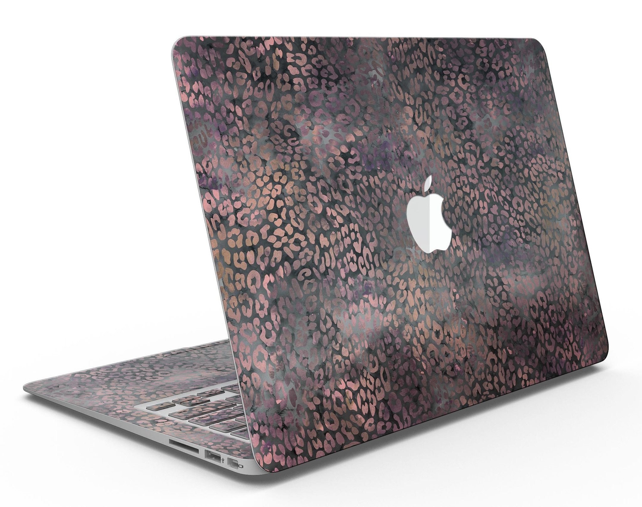 Black and Purple Watercolor Leopard Pattern MacBook Air Skin Kit showcasing vibrant design and premium vinyl material.