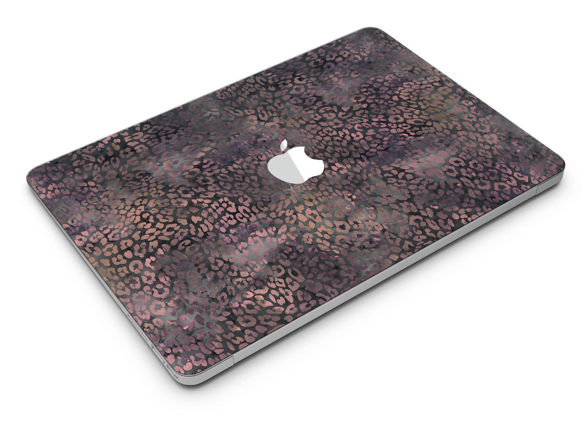 Black and Purple Watercolor Leopard Pattern MacBook Air Skin Kit showcasing vibrant design and premium vinyl material.