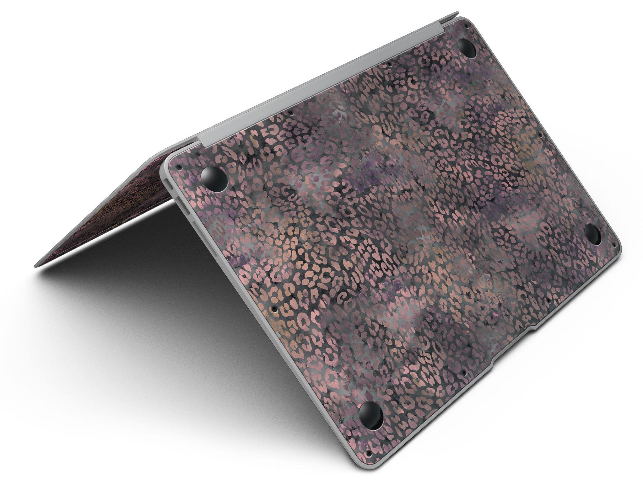 Black and Purple Watercolor Leopard Pattern MacBook Air Skin Kit showcasing vibrant design and premium vinyl material.