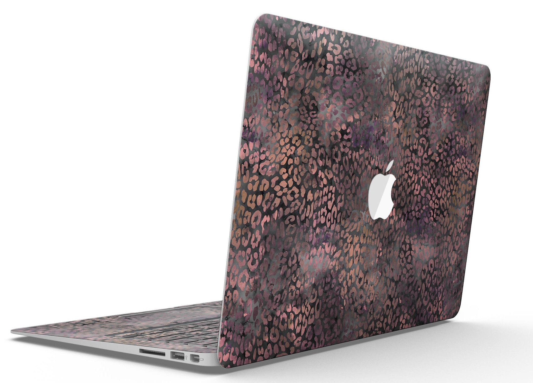 Black and Purple Watercolor Leopard Pattern MacBook Air Skin Kit showcasing vibrant design and premium vinyl material.