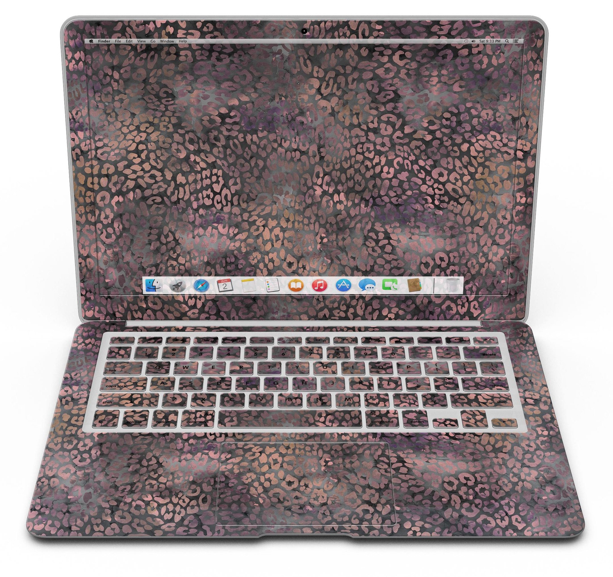 Black and Purple Watercolor Leopard Pattern MacBook Air Skin Kit showcasing vibrant design and premium vinyl material.