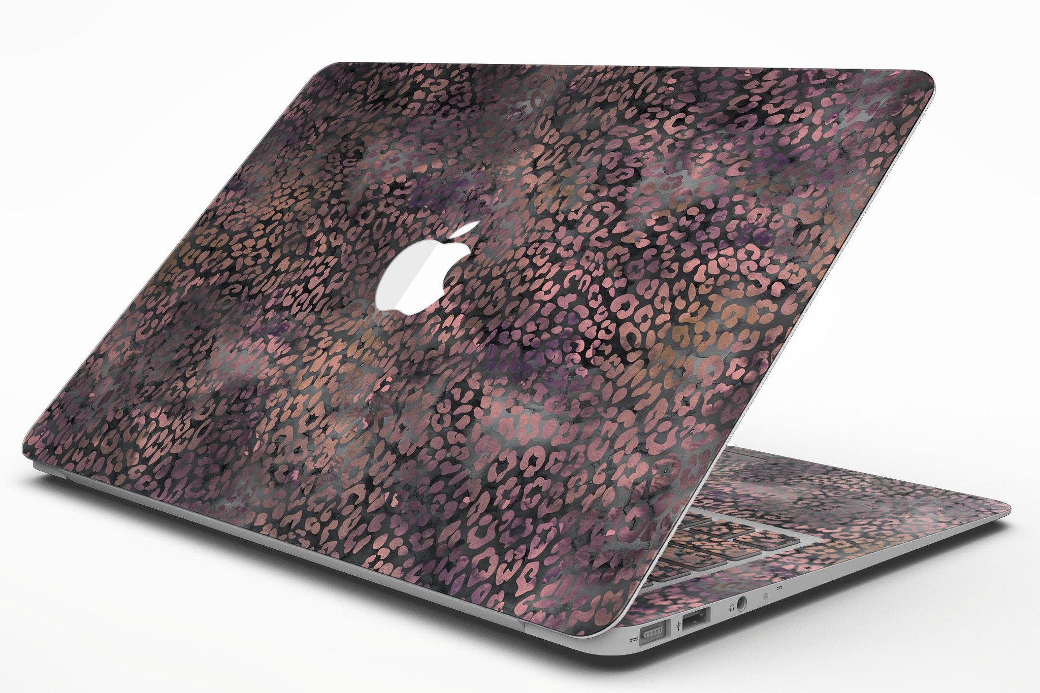 Black and Purple Watercolor Leopard Pattern MacBook Air Skin Kit showcasing vibrant design and premium vinyl material.