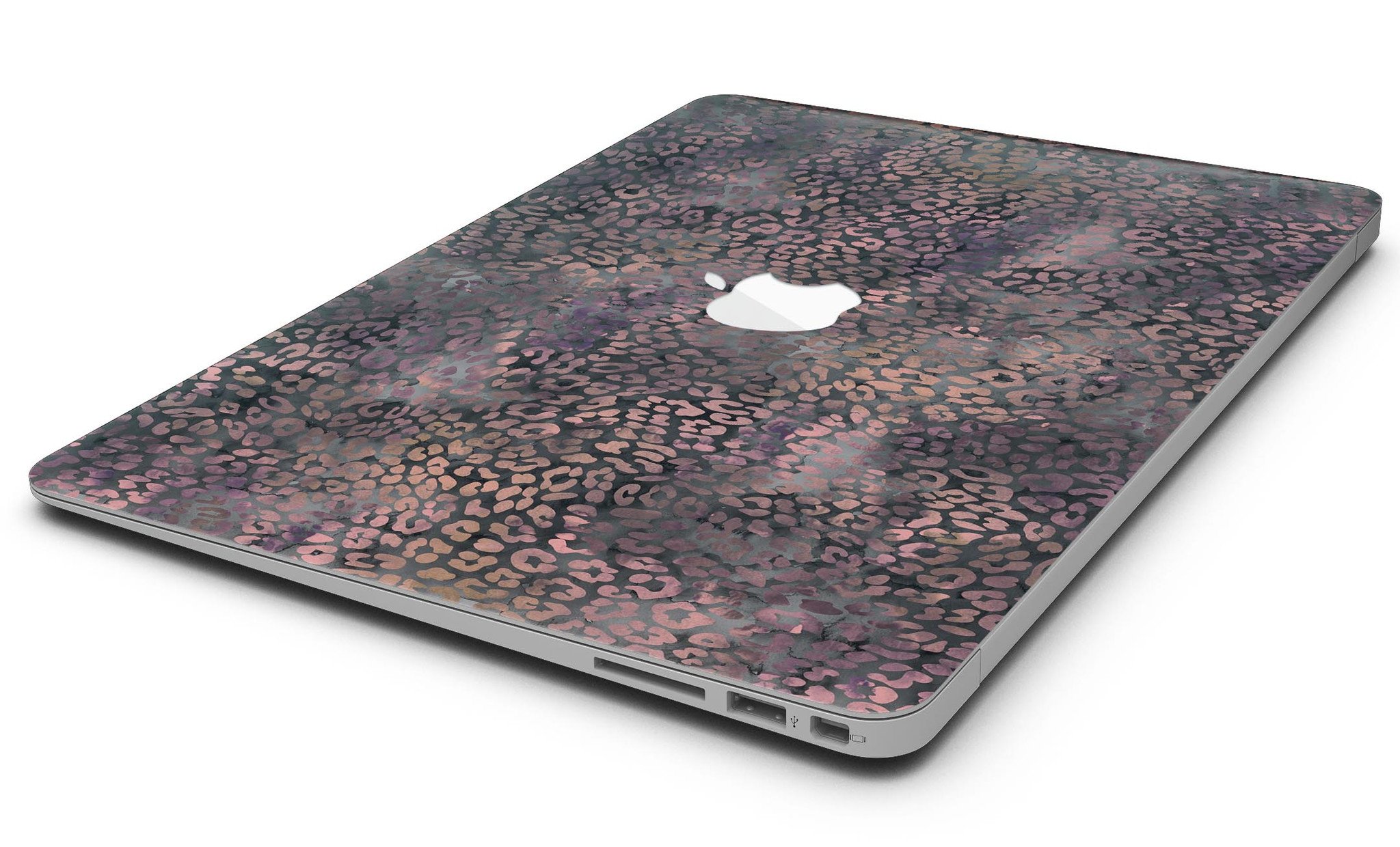 Black and Purple Watercolor Leopard Pattern MacBook Air Skin Kit showcasing vibrant design and premium vinyl material.