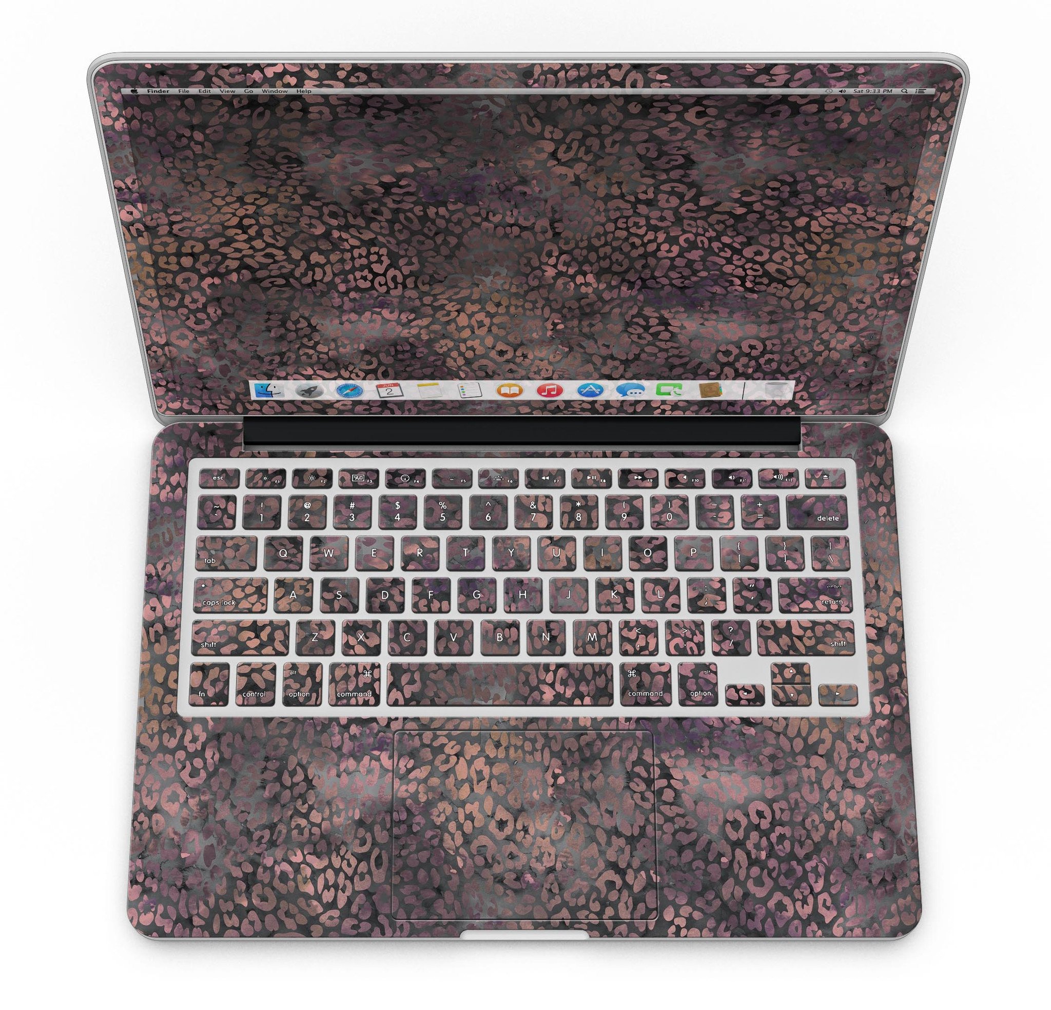 Black and purple watercolor leopard pattern skin for MacBook Pro with Retina Display, showcasing vibrant colors and stylish design.