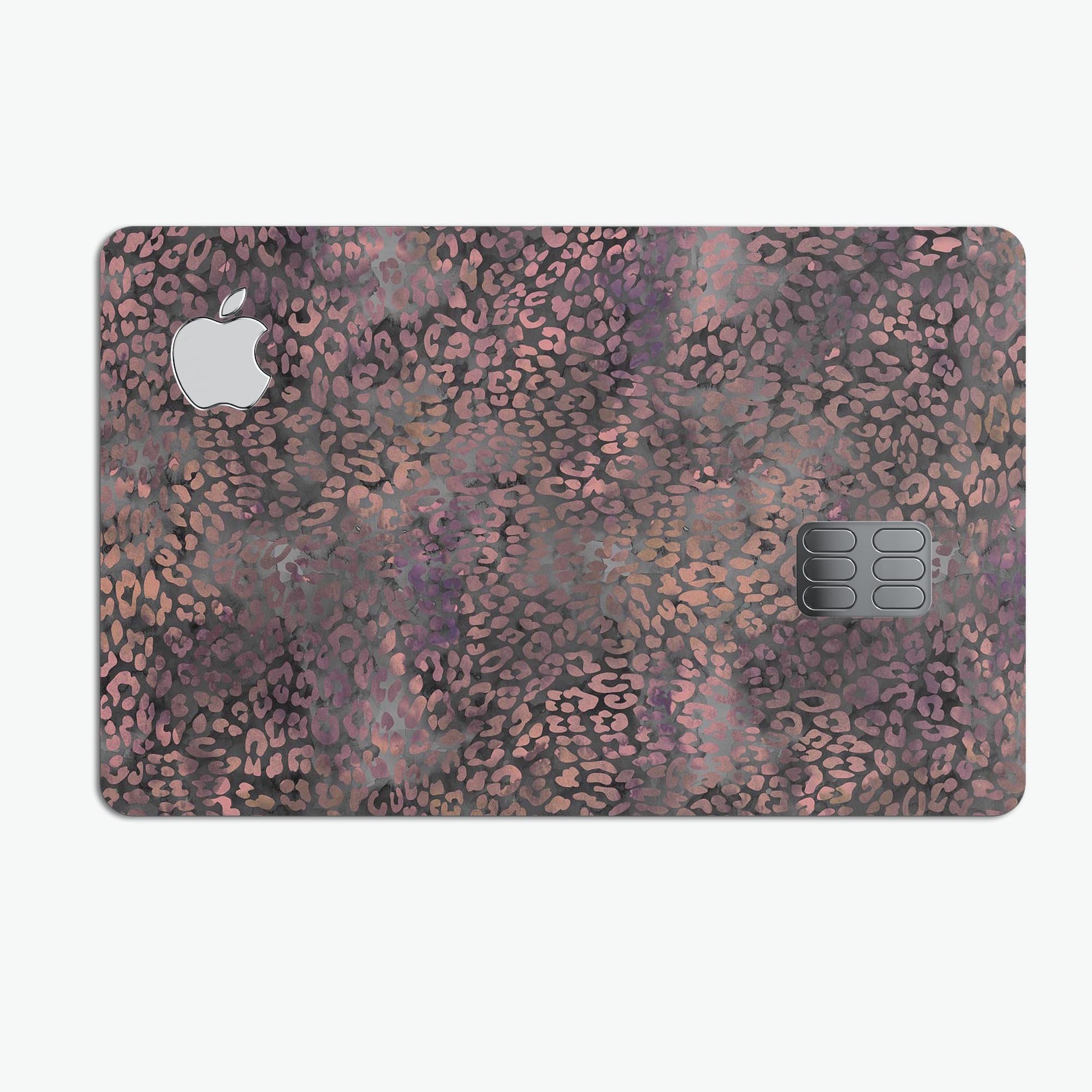 Black and purple watercolor leopard pattern protective decal for Apple Card, showcasing vibrant colors and stylish design.