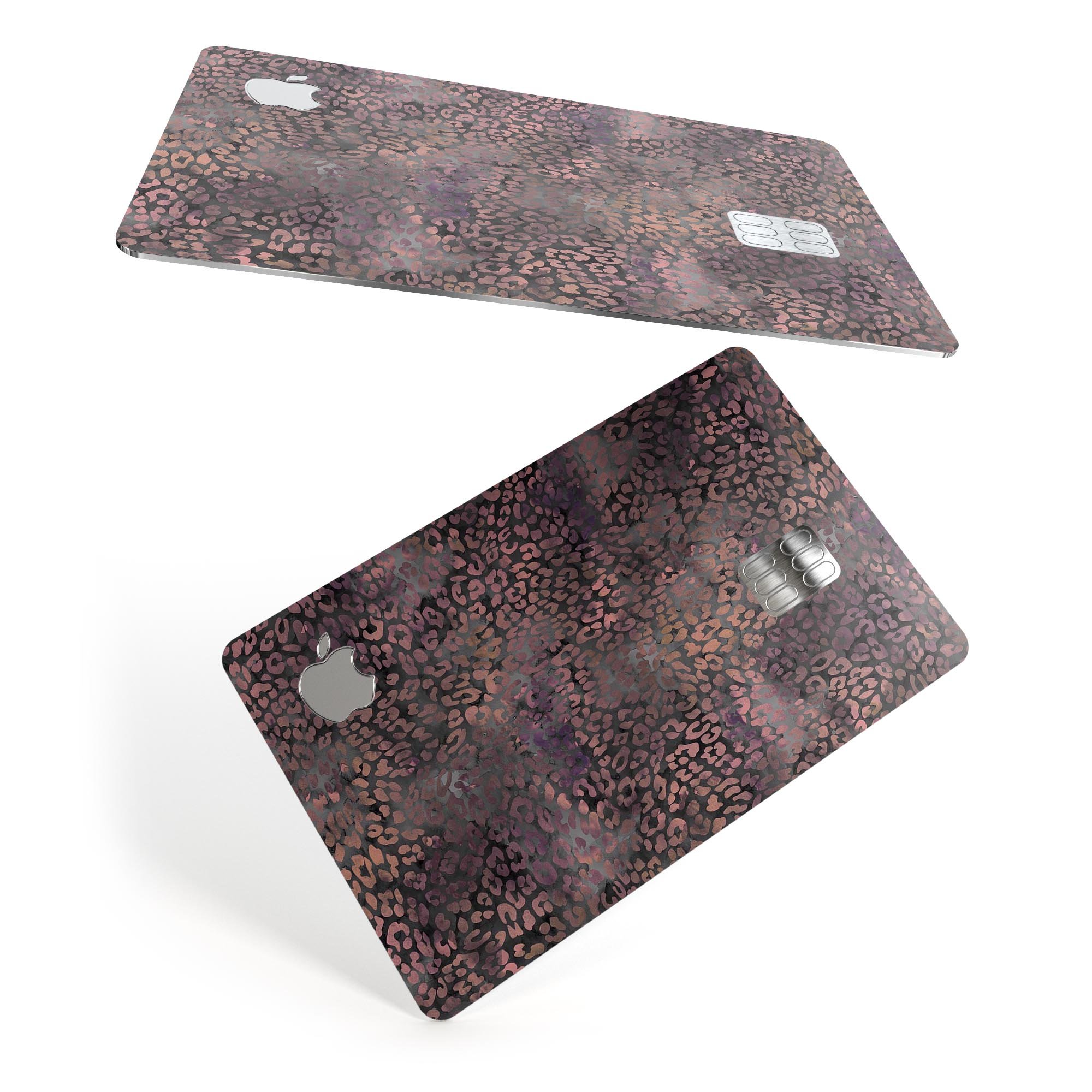 Black and purple watercolor leopard pattern protective decal for Apple Card, showcasing vibrant colors and stylish design.