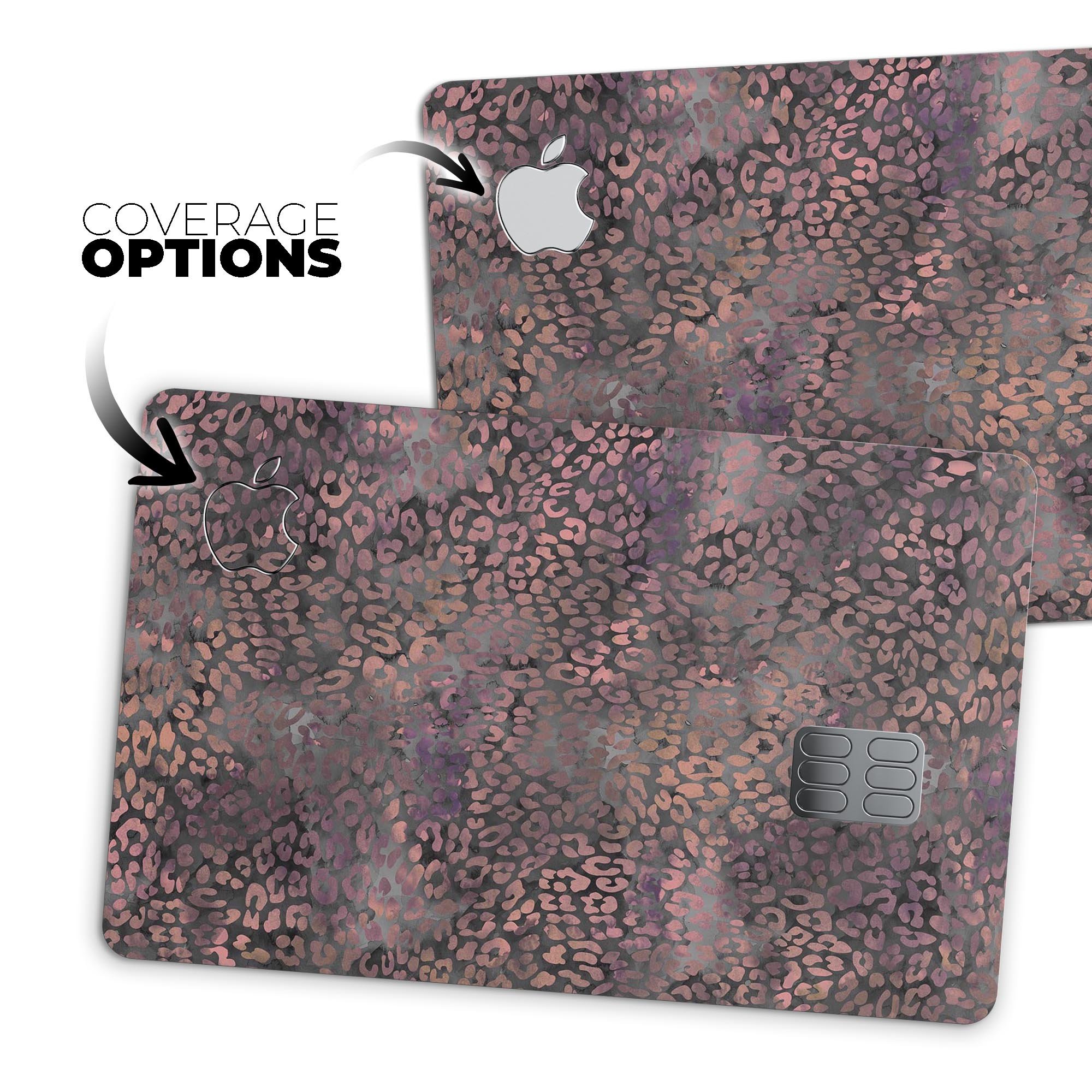 Black and purple watercolor leopard pattern protective decal for Apple Card, showcasing vibrant colors and stylish design.