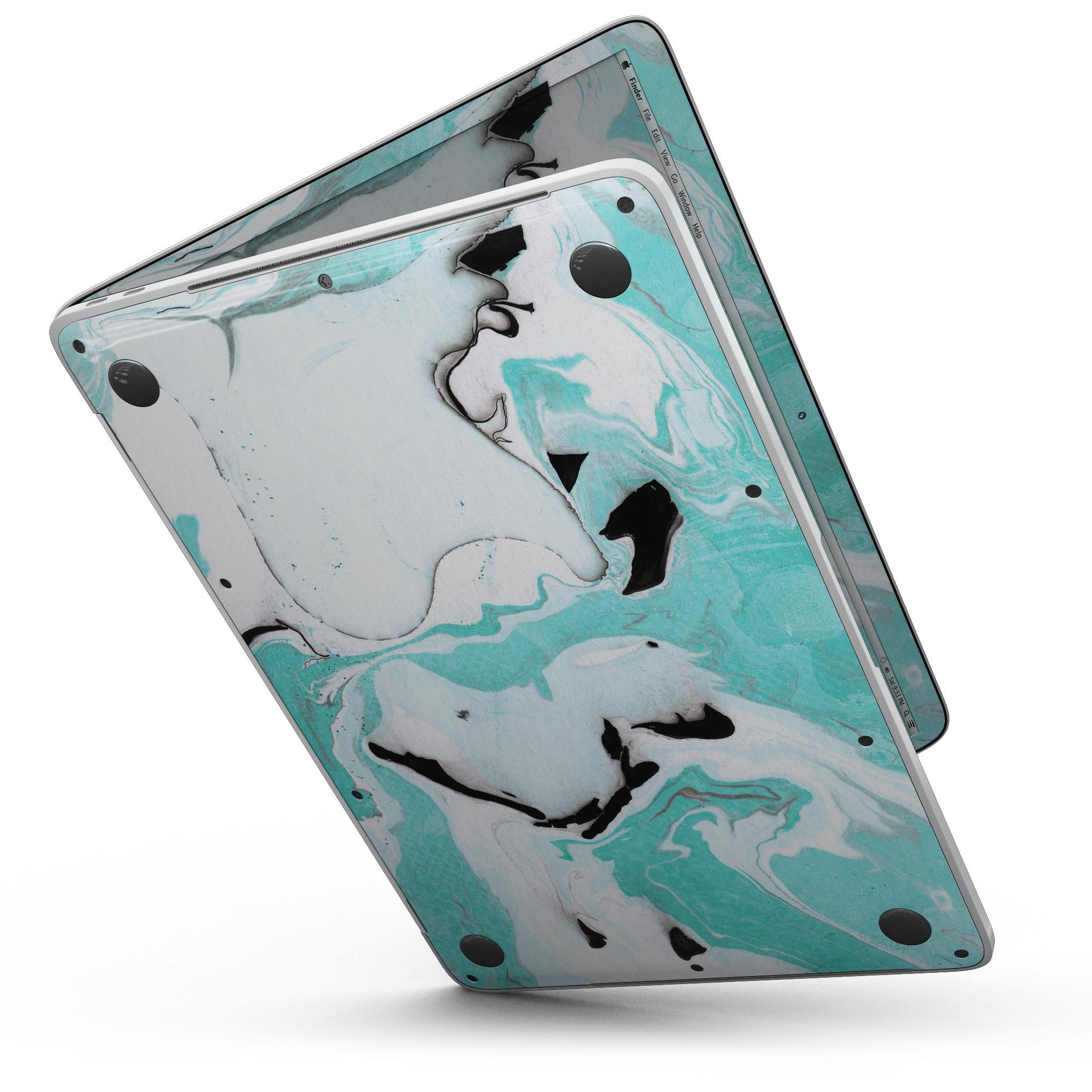 Black and Teal Textured Marble skin for 13" MacBook Pro without Touch Bar, showcasing a stylish design and premium quality.