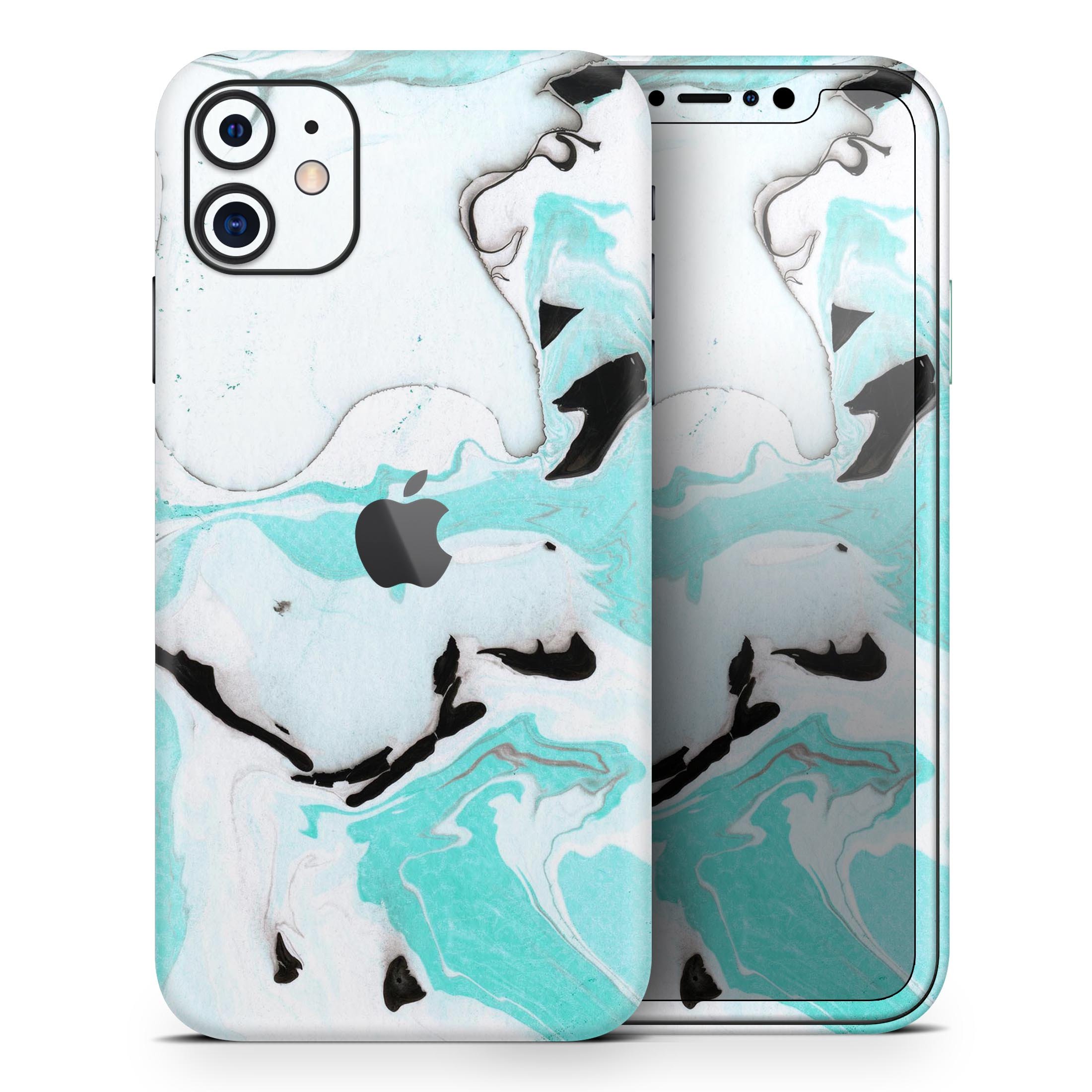 Black and Teal Textured Marble Skin-Kit for Apple iPhone, showcasing a stylish design with a premium vinyl finish.