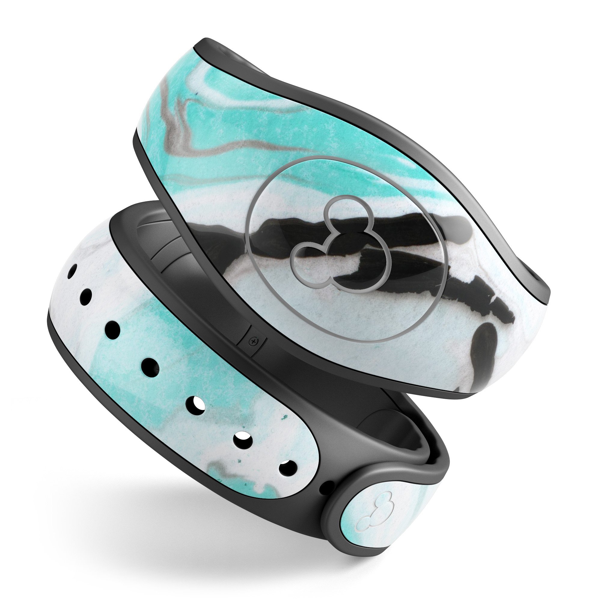 Black and teal textured marble decal skin wrap kit for Disney Magic Band, showcasing a stylish design and high-quality finish.