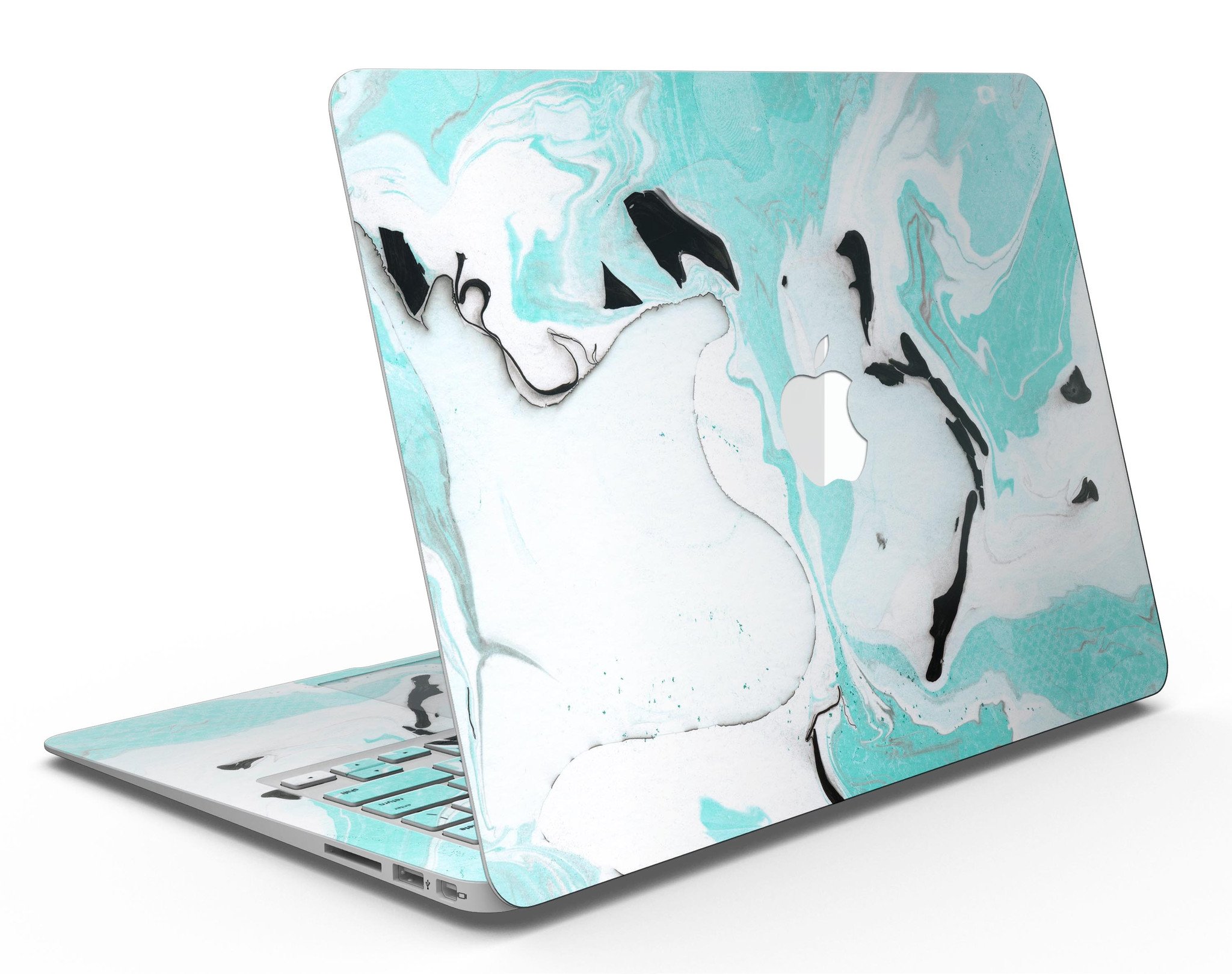 Black and teal textured marble skin applied to a MacBook Air, showcasing its stylish design and premium finish.