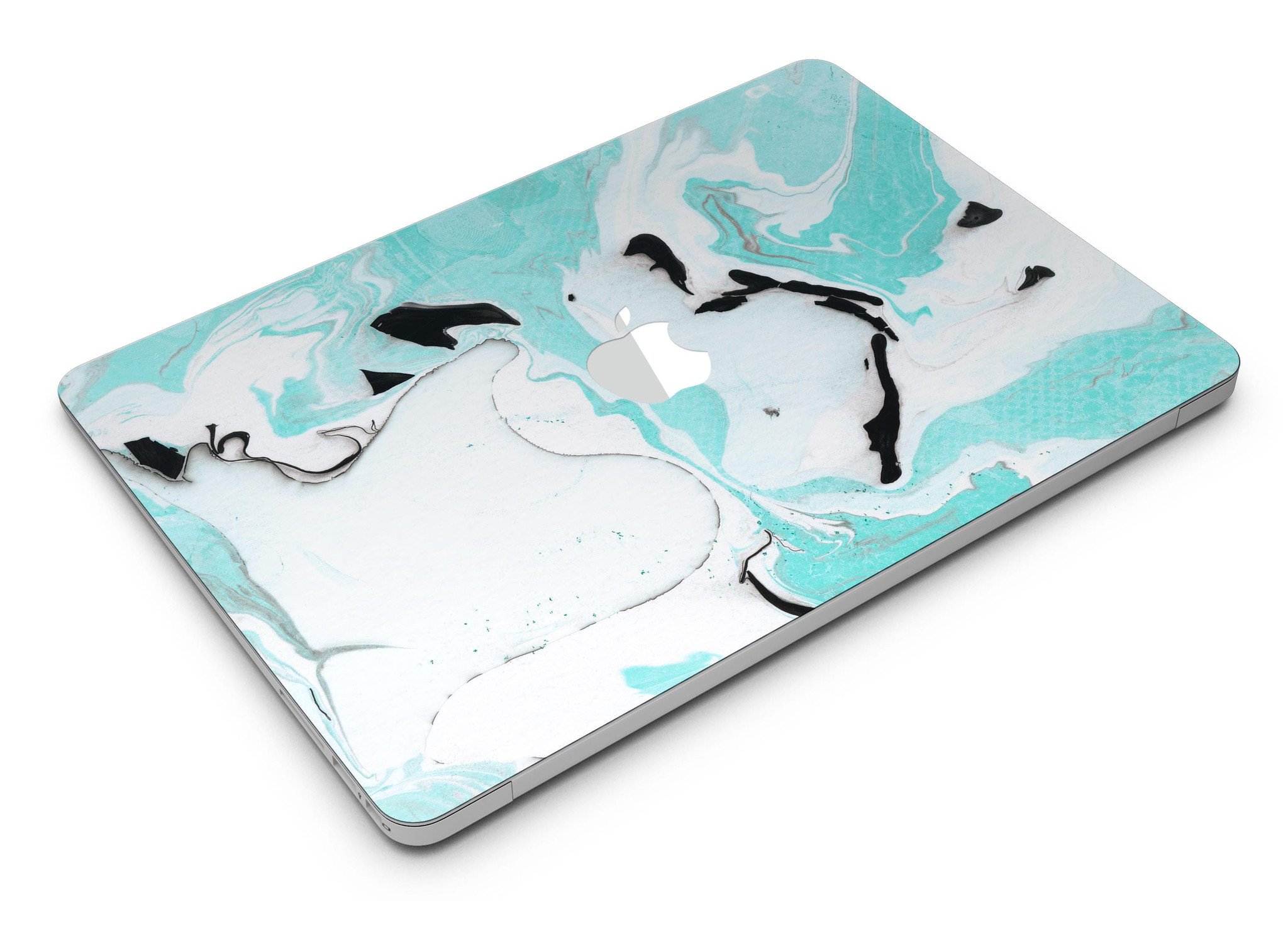 Black and teal textured marble skin applied to a MacBook Air, showcasing its stylish design and premium finish.