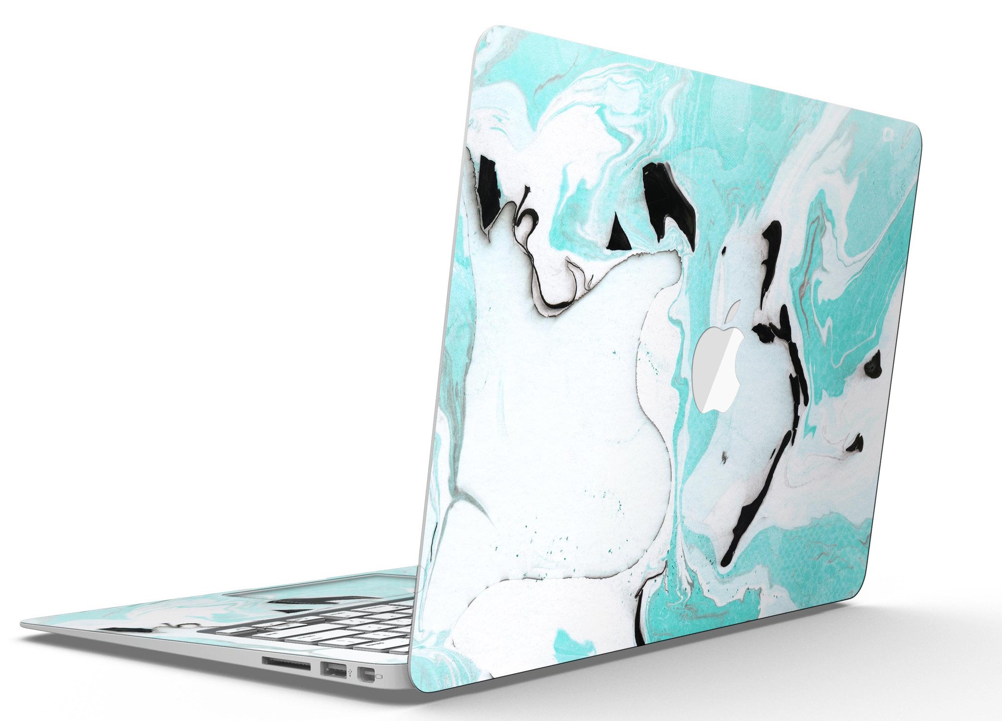 Black and teal textured marble skin applied to a MacBook Air, showcasing its stylish design and premium finish.