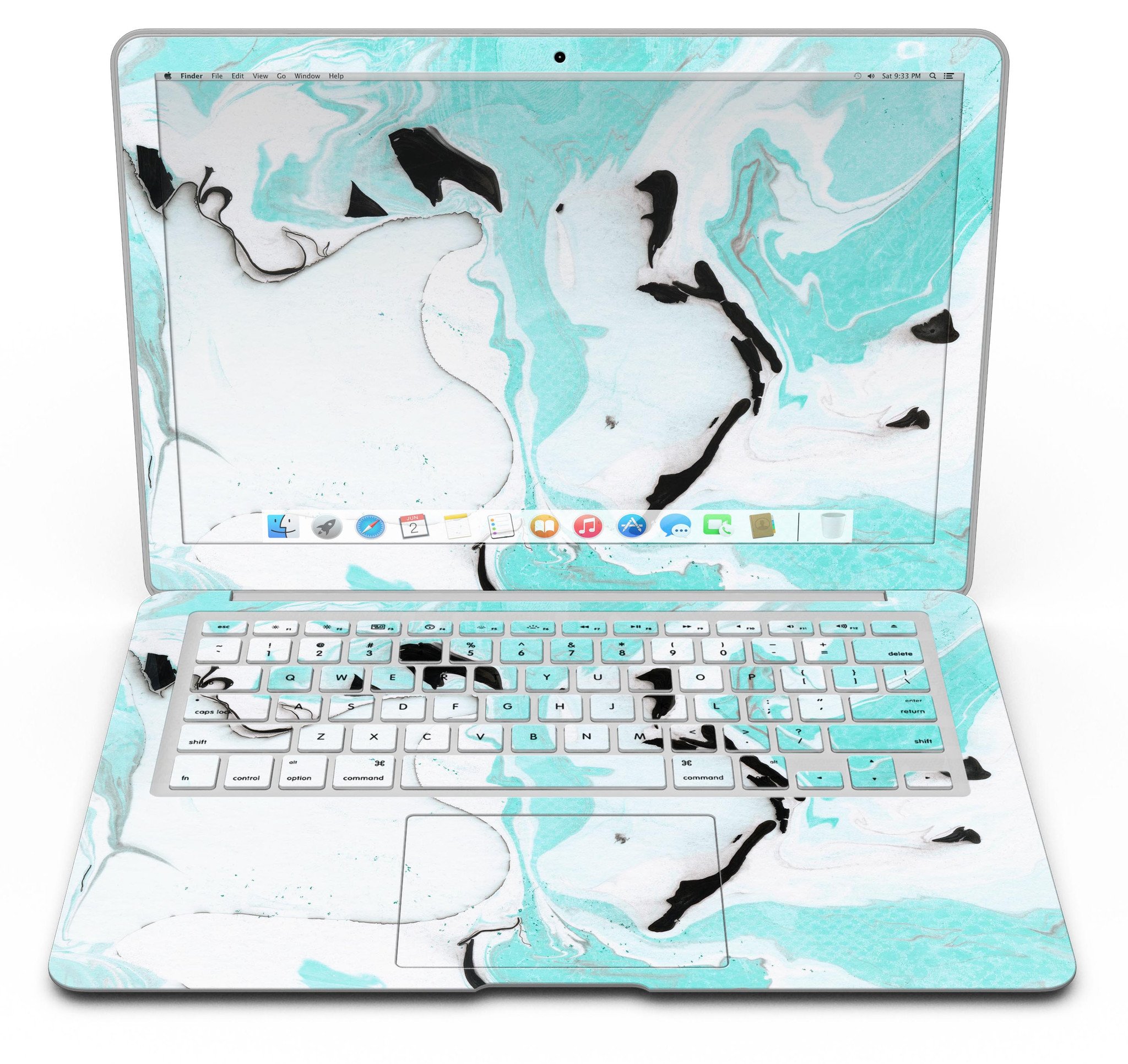 Black and teal textured marble skin applied to a MacBook Air, showcasing its stylish design and premium finish.