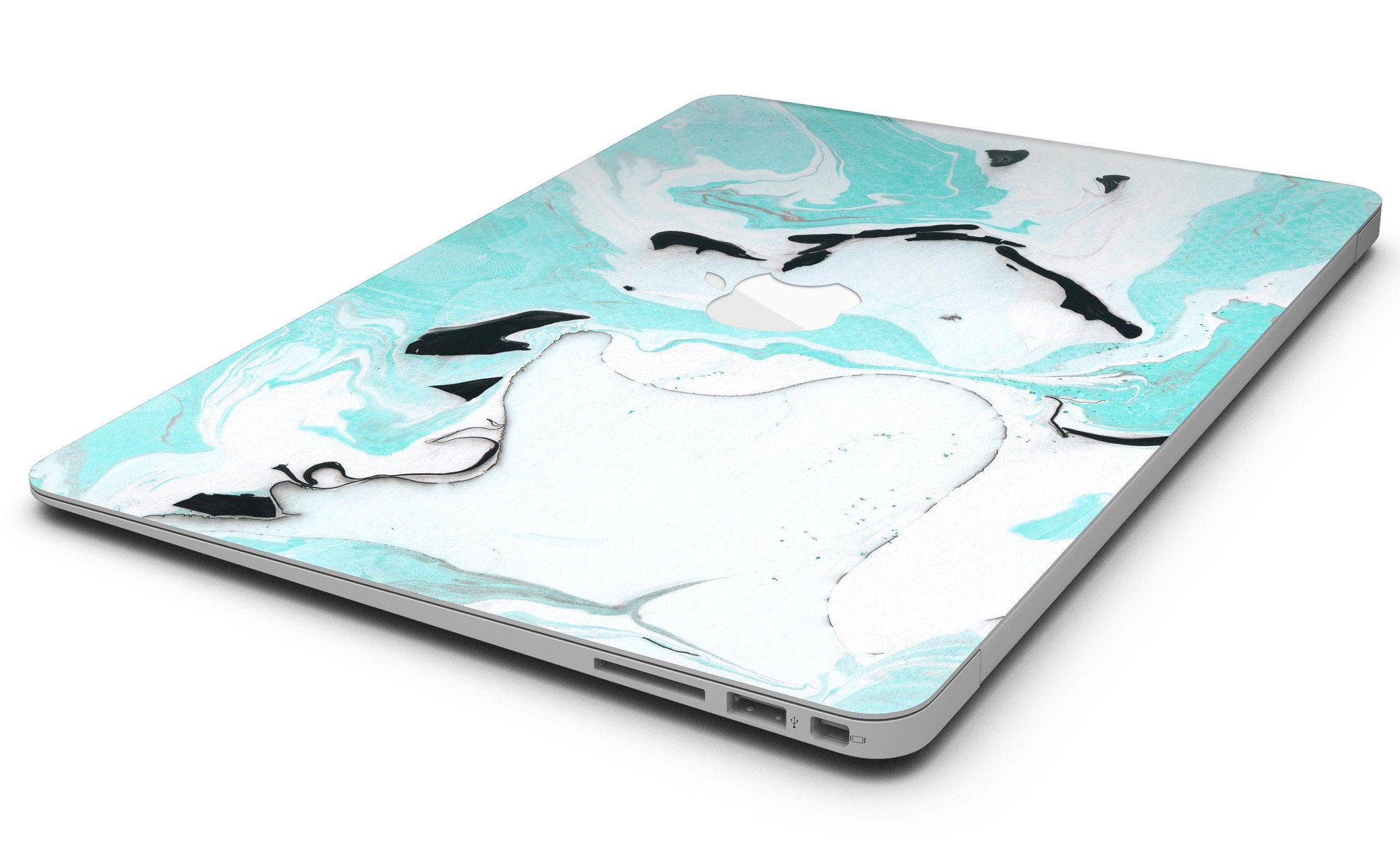 Black and teal textured marble skin applied to a MacBook Air, showcasing its stylish design and premium finish.