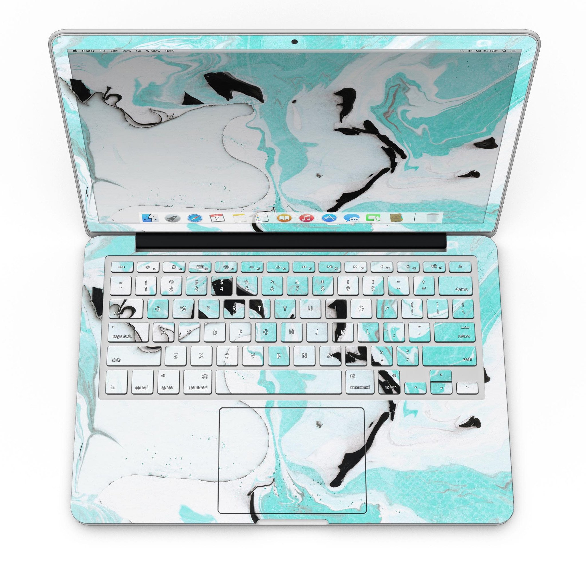 Black and Teal Textured Marble skin for MacBook Pro with Retina Display, showcasing a stylish design that protects the device.