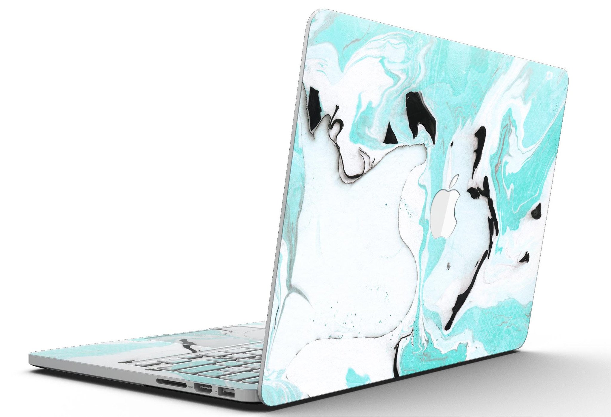 Black and Teal Textured Marble skin for MacBook Pro with Retina Display, showcasing a stylish design that protects the device.