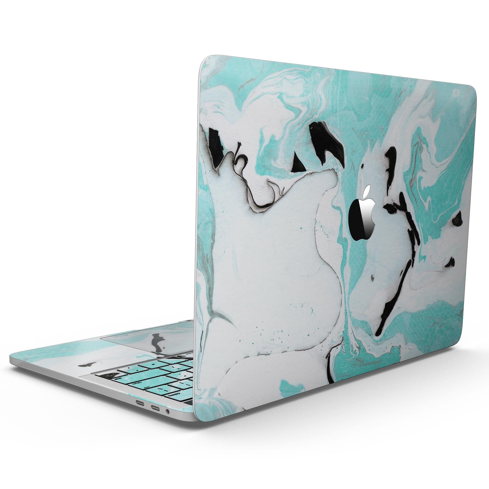 Black and Teal Textured Marble Skin Kit for MacBook Pro with Touch Bar, showcasing a stylish design and premium vinyl material.