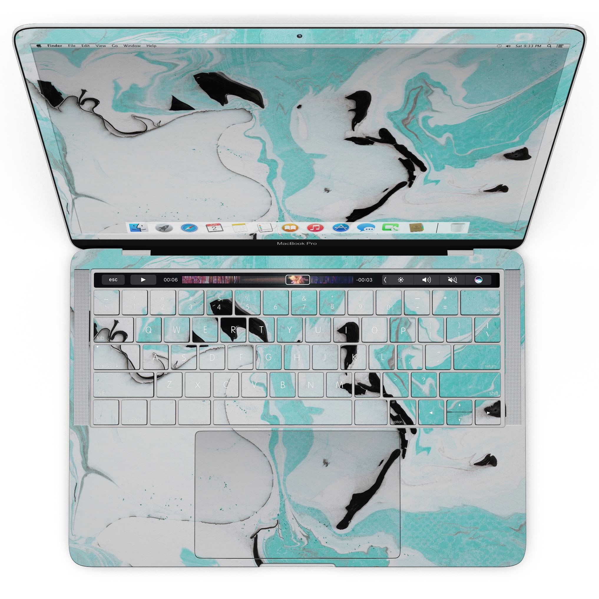 Black and Teal Textured Marble Skin Kit for MacBook Pro with Touch Bar, showcasing a stylish design and premium vinyl material.