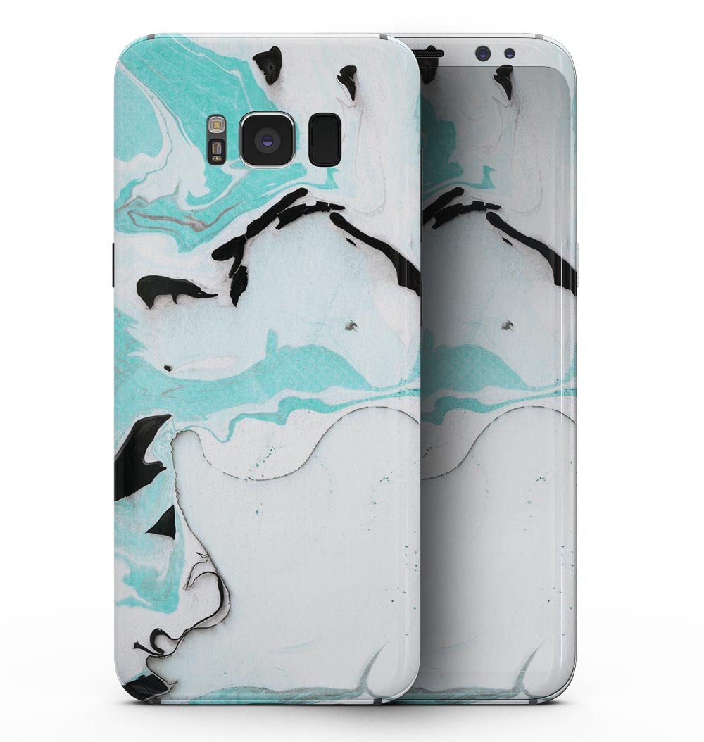 Black and teal textured marble skin for Samsung Galaxy S8, showcasing its stylish design and premium vinyl material.