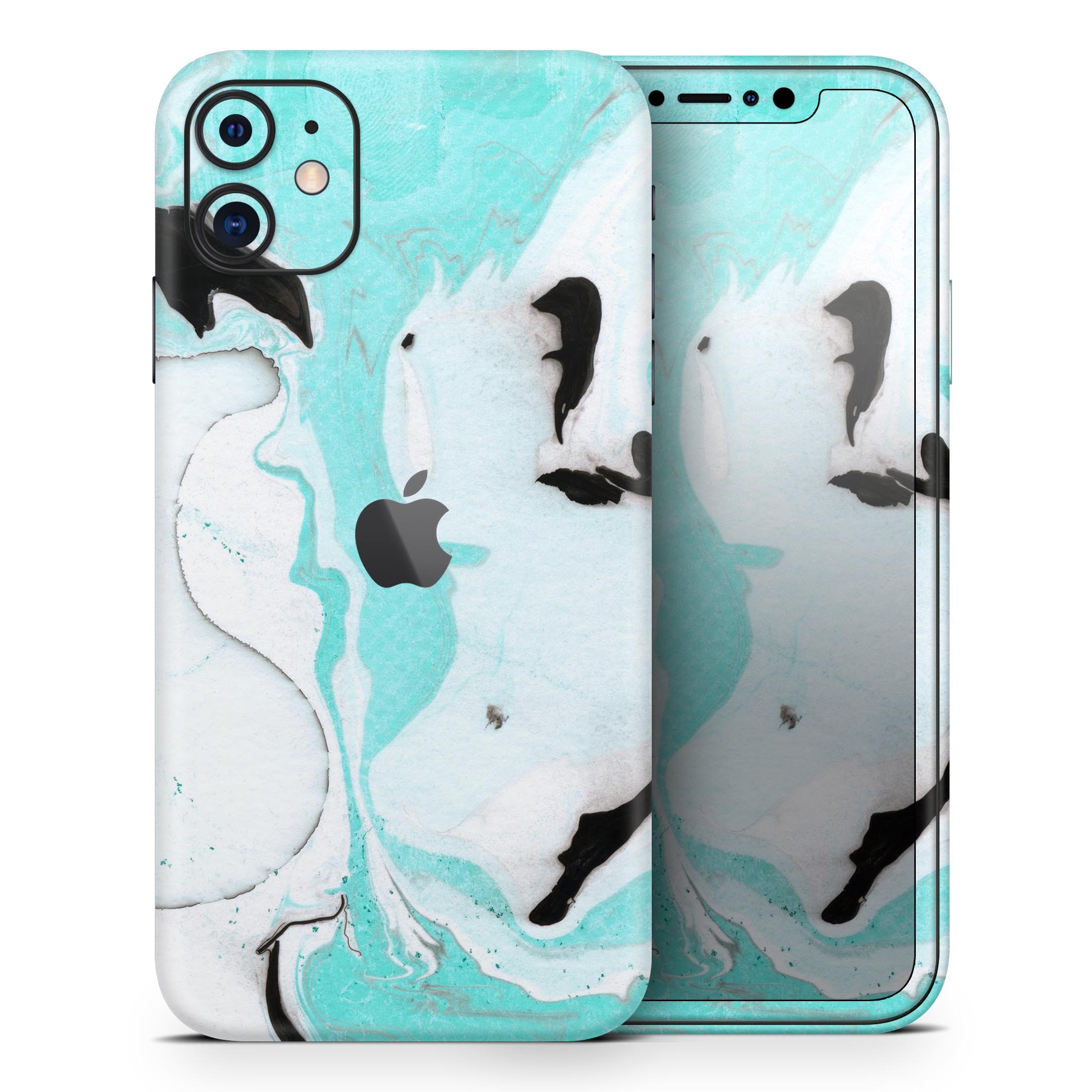 Black and Teal Textured Marble Skin-Kit for Apple iPhone, showcasing a stylish design with a premium finish.