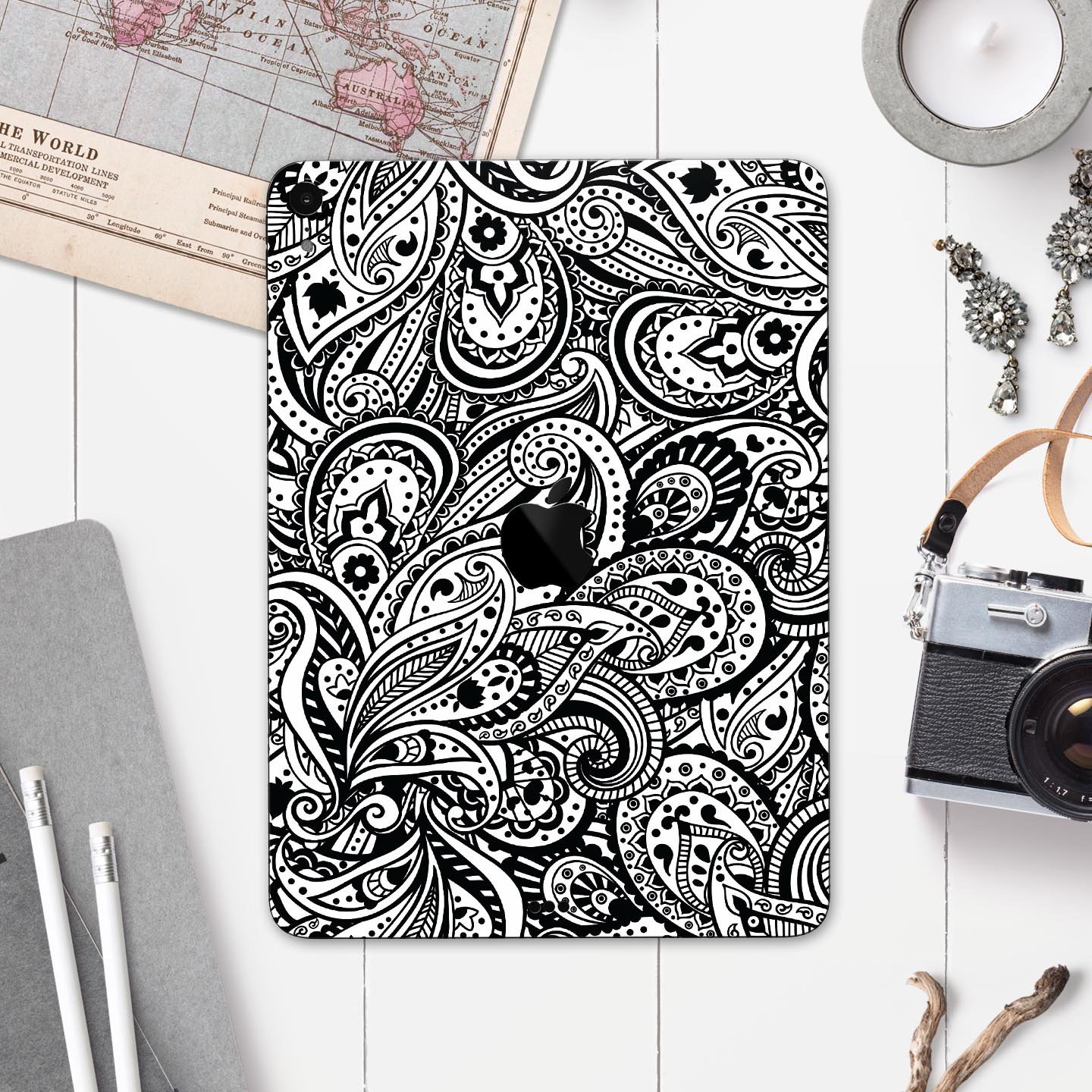 Black and White Aztec Paisley skin decal for Apple devices, showcasing intricate patterns and premium finish.