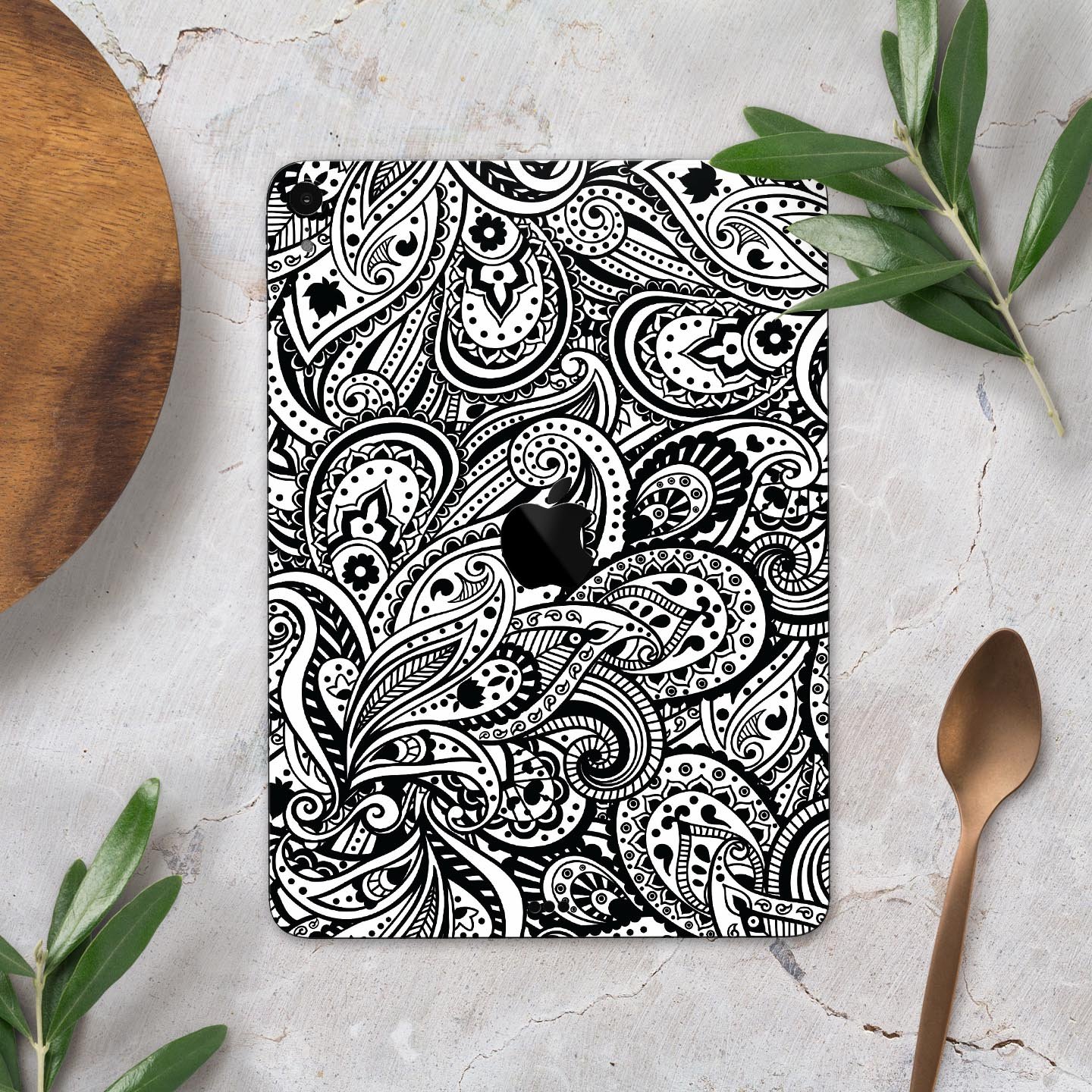 Black and White Aztec Paisley skin decal for Apple devices, showcasing intricate patterns and premium finish.