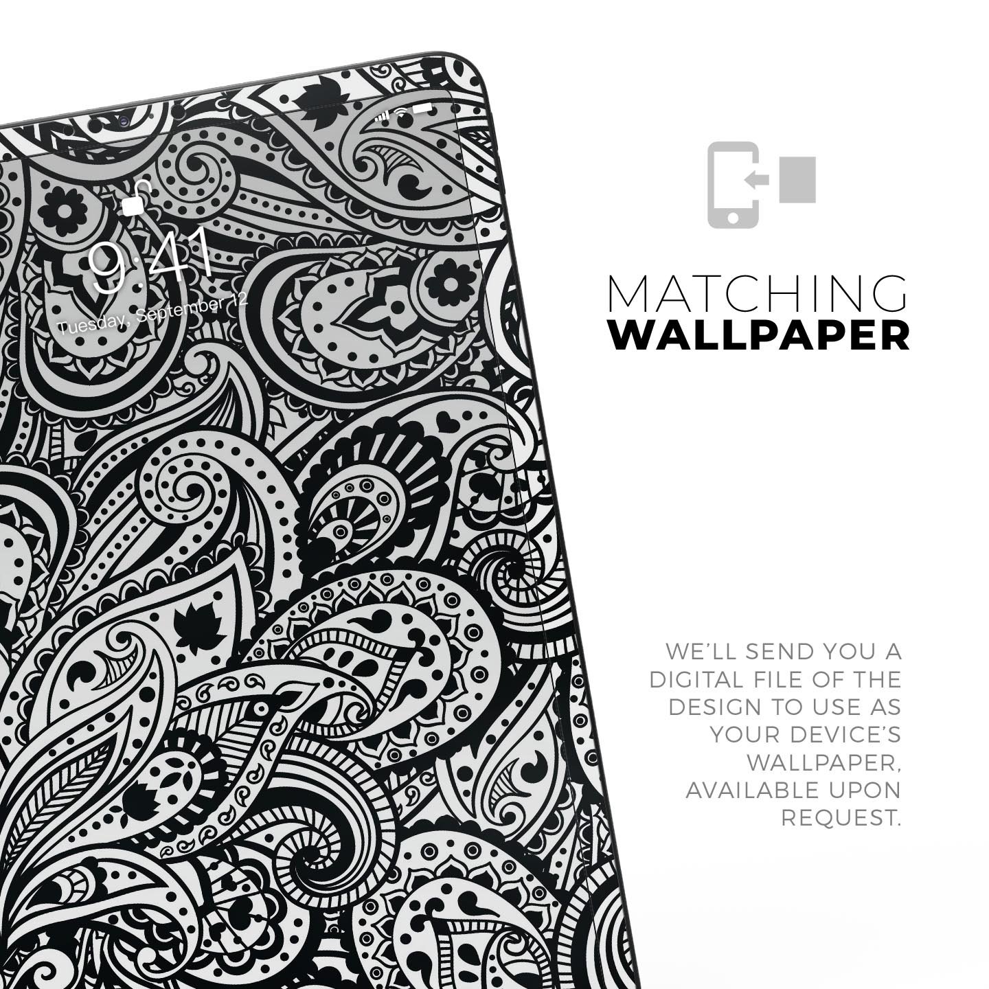 Black and White Aztec Paisley skin decal for Apple devices, showcasing intricate patterns and premium finish.