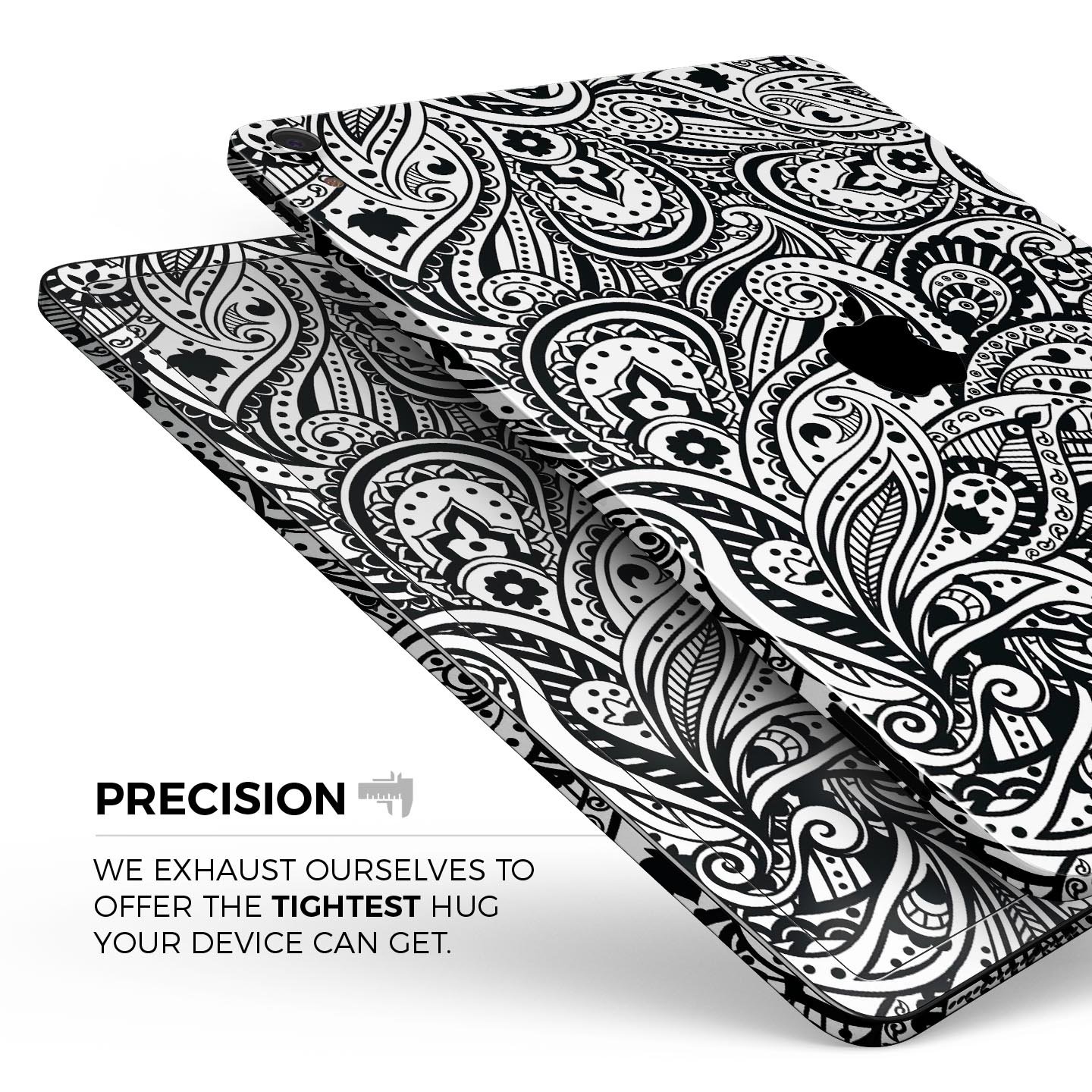 Black and White Aztec Paisley skin decal for Apple devices, showcasing intricate patterns and premium finish.