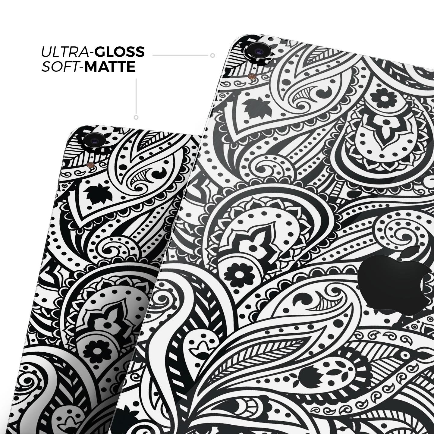 Black and White Aztec Paisley skin decal for Apple devices, showcasing intricate patterns and premium finish.