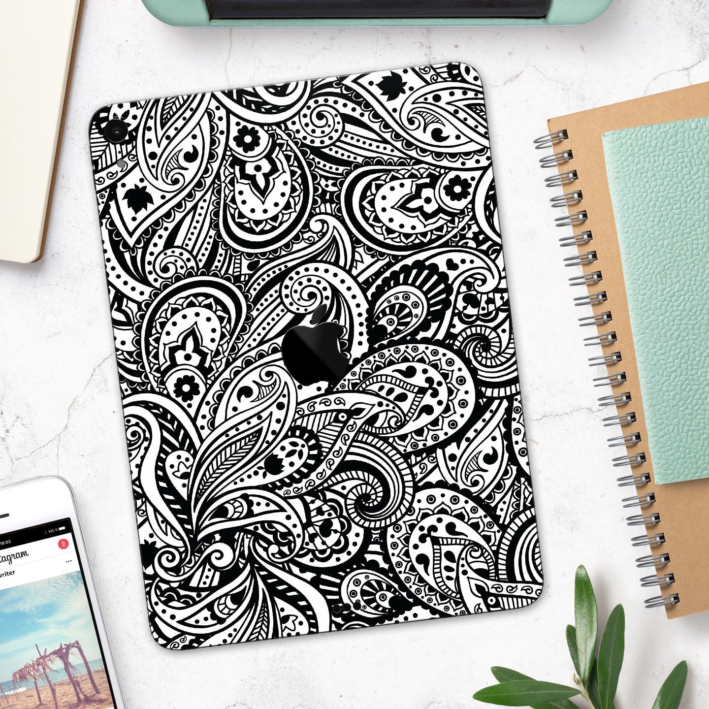 Black and White Aztec Paisley skin decal for Apple devices, showcasing intricate patterns and premium finish.