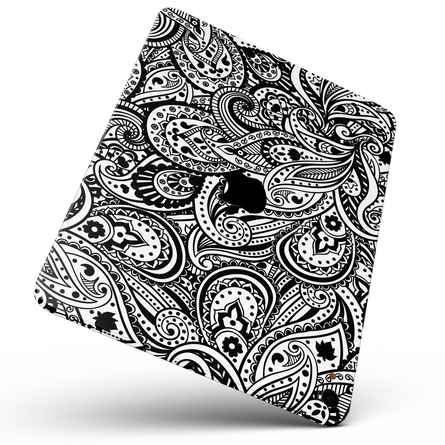 Black and White Aztec Paisley skin decal for Apple devices, showcasing intricate patterns and premium finish.