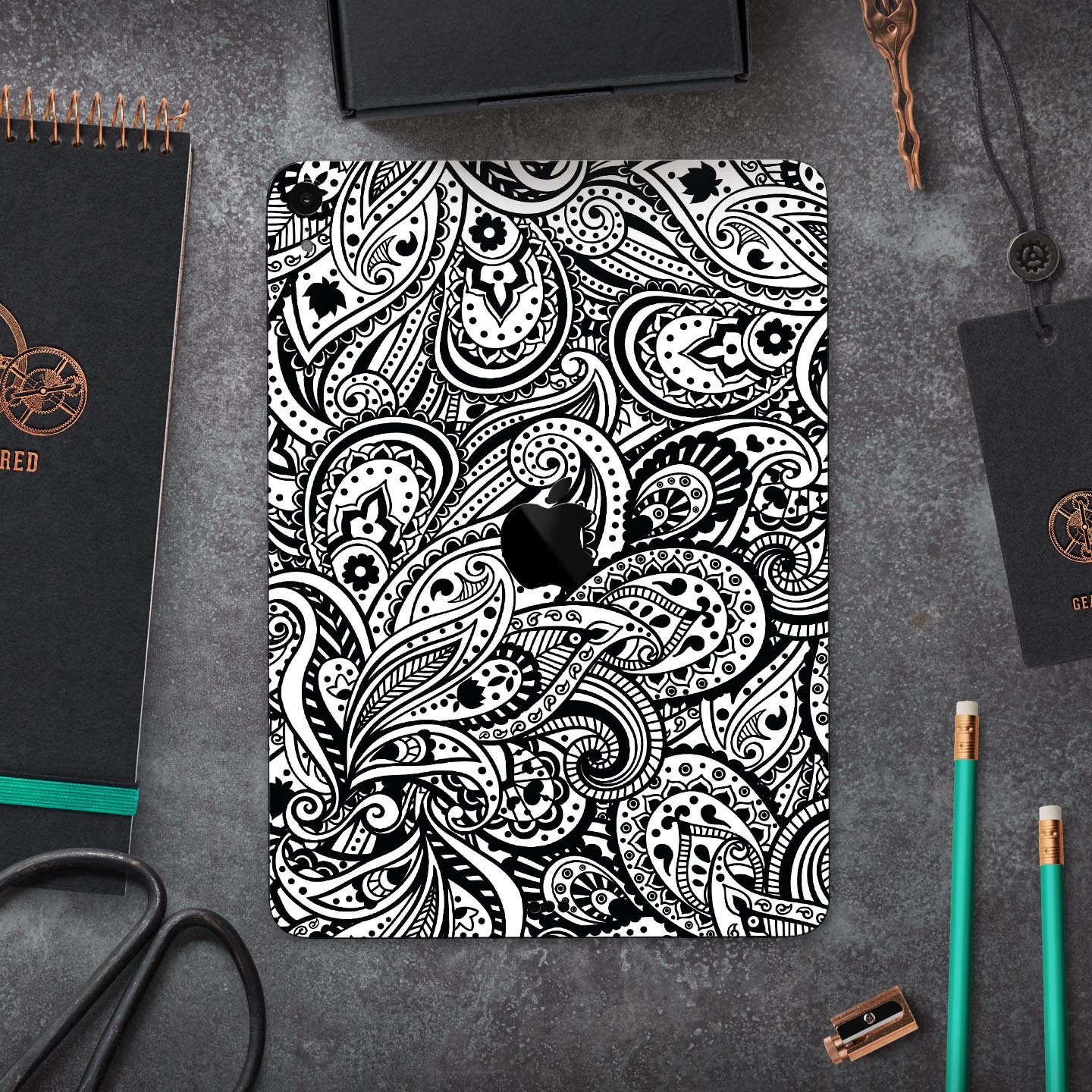 Black and White Aztec Paisley skin decal for Apple devices, showcasing intricate patterns and premium finish.