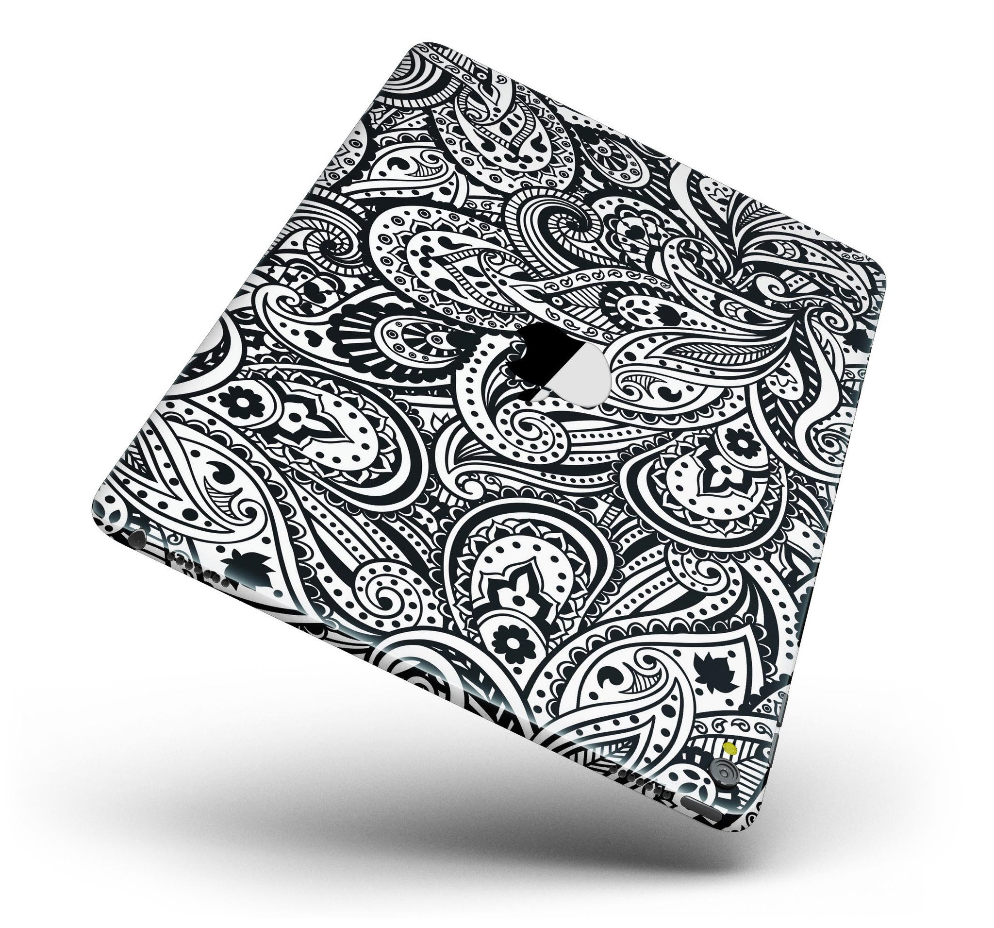 Black and White Aztec Paisley Full Body Skin for iPad Pro, showcasing intricate patterns and premium vinyl material.