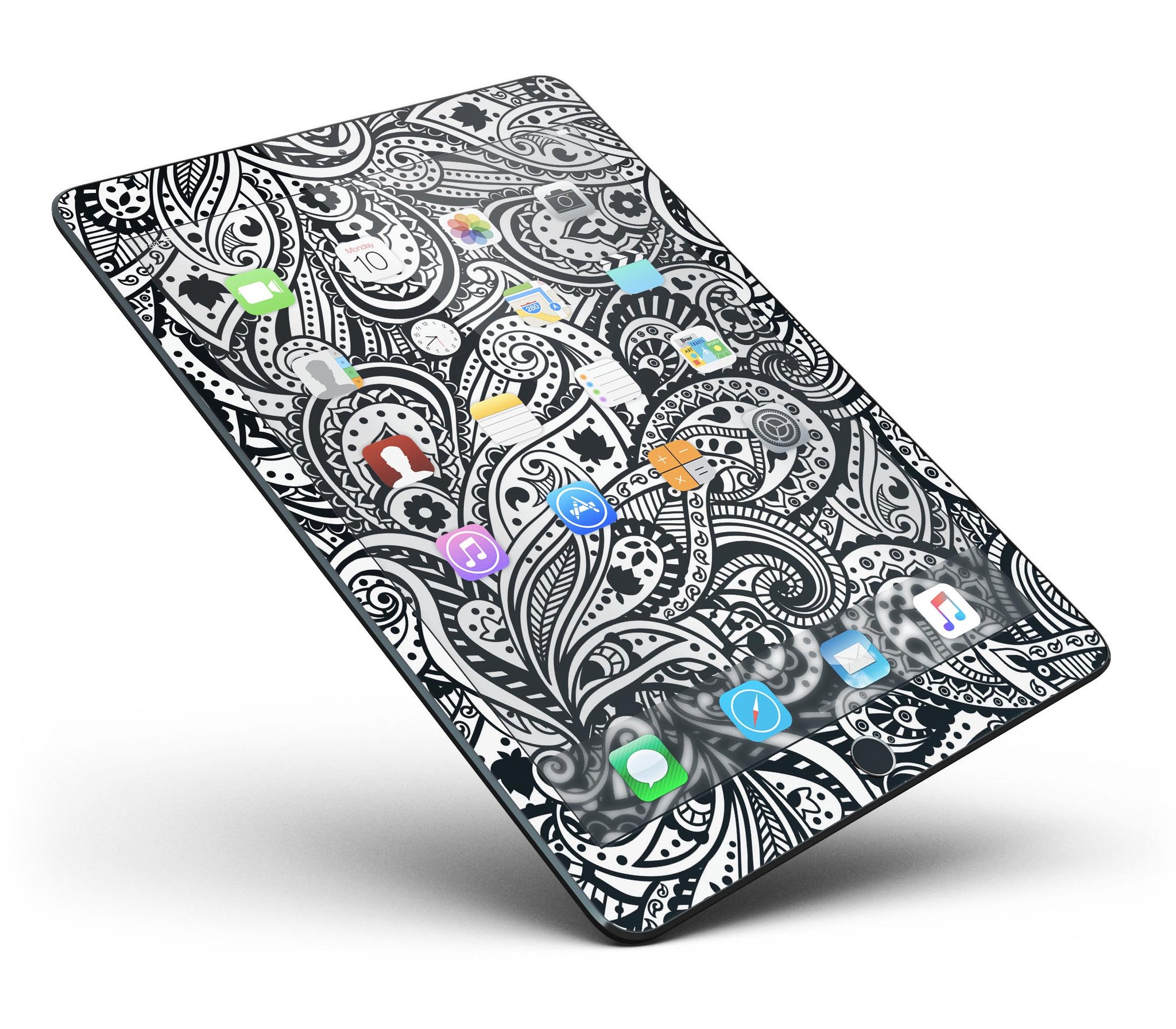 Black and White Aztec Paisley Full Body Skin for iPad Pro, showcasing intricate patterns and premium vinyl material.